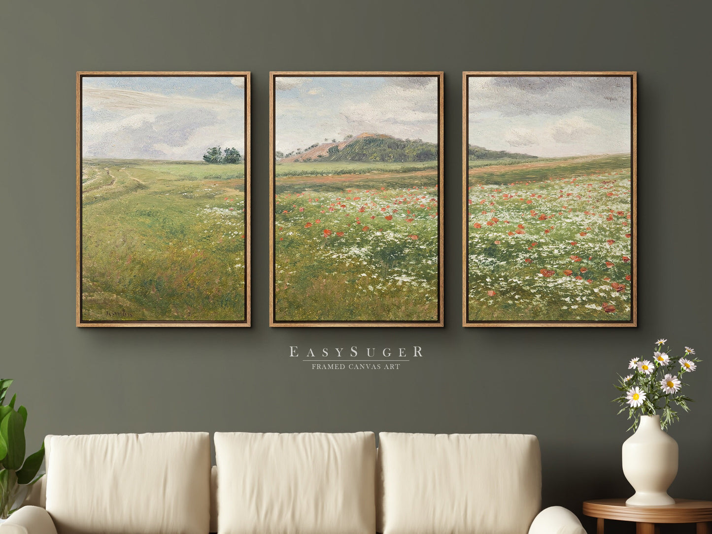 EasySuger 3 Panels Wildflowers field Landscape Wall Art, Vintage Nature Framed Large Gallery Art, Antique Art Ready to Hang