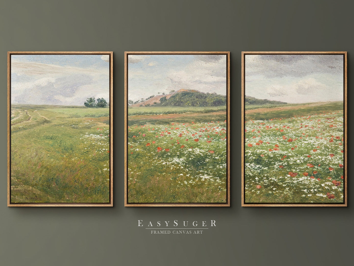 EasySuger 3 Panels Wildflowers field Landscape Wall Art, Vintage Nature Framed Large Gallery Art, Antique Art Ready to Hang