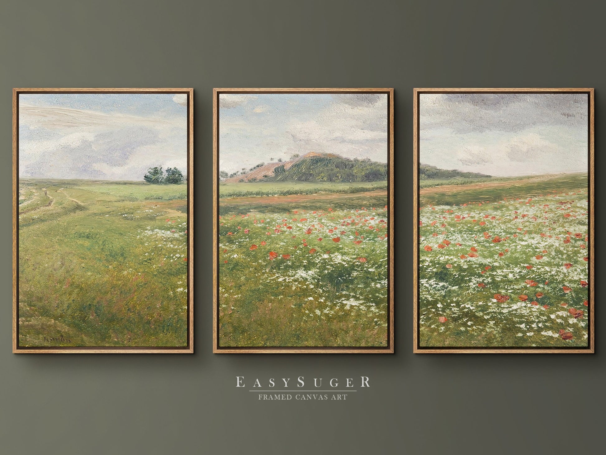 EasySuger 3 Panels Wildflowers field Landscape Wall Art, Vintage Nature Framed Large Gallery Art, Antique Art Ready to Hang