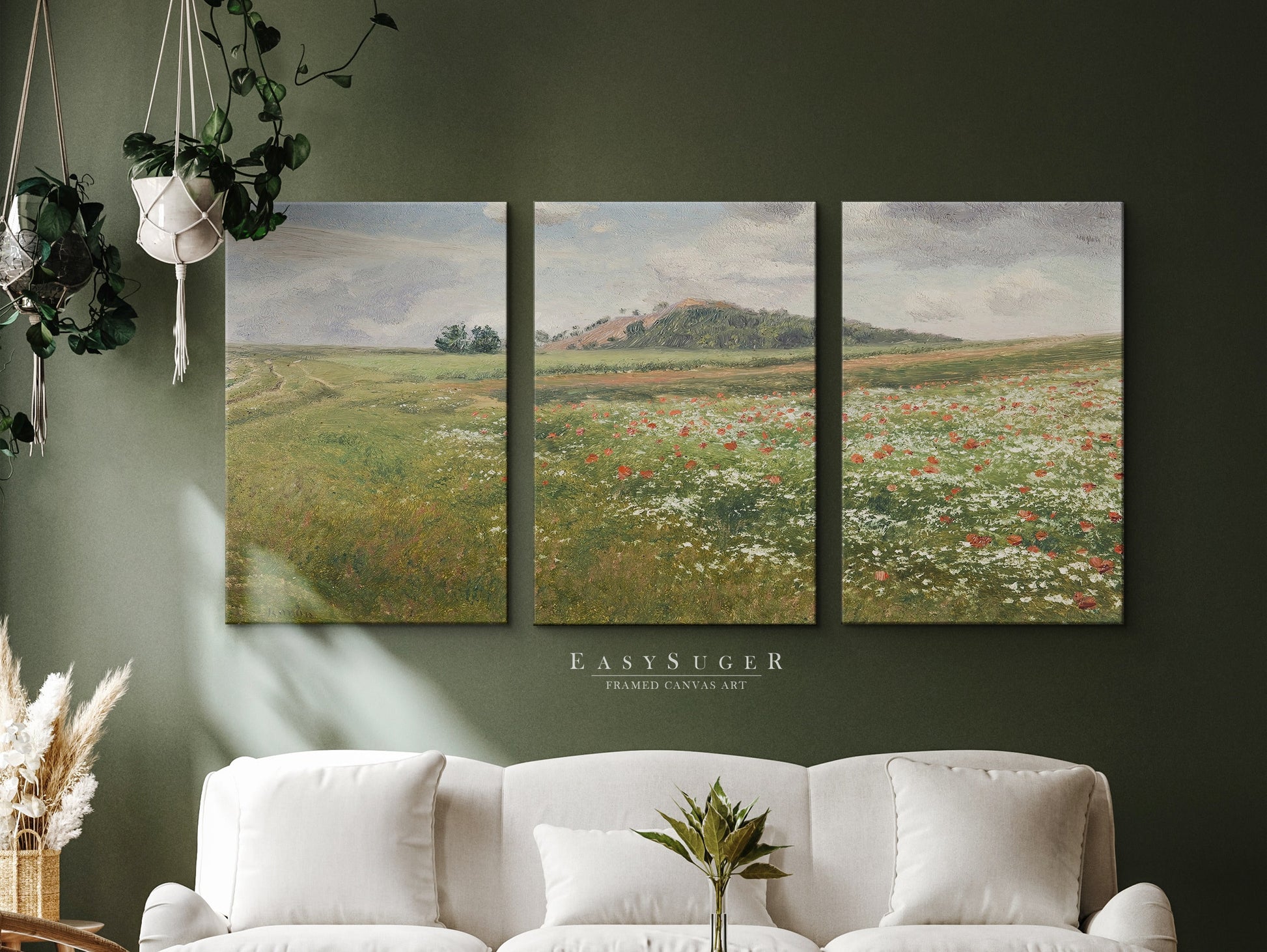 EasySuger 3 Panels Wildflowers field Landscape Wall Art, Vintage Nature Framed Large Gallery Art, Antique Art Ready to Hang