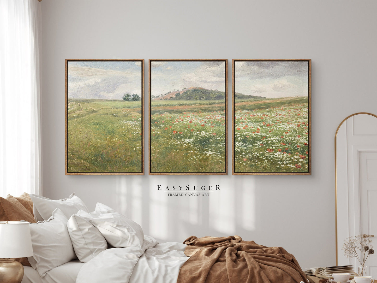 EasySuger 3 Panels Wildflowers field Landscape Wall Art, Vintage Nature Framed Large Gallery Art, Antique Art Ready to Hang