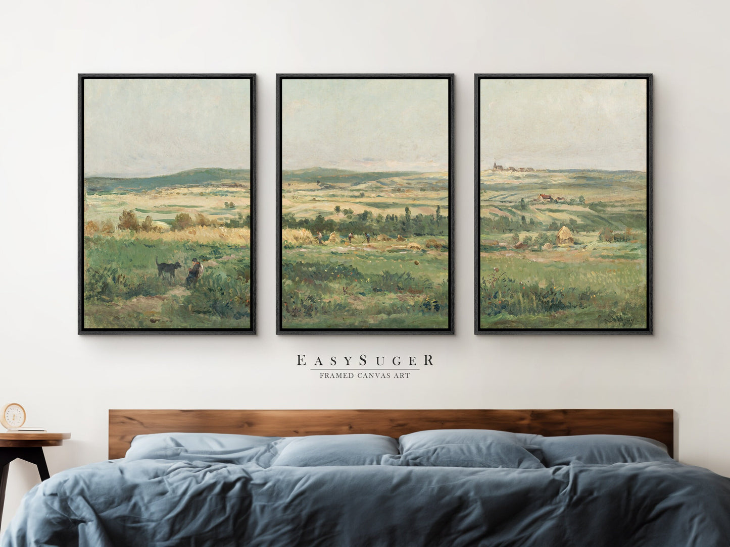 EasySuger 3 Panels Wildflowers field Landscape Wall Art, Vintage Nature Framed Large Gallery Art, Antique Art Ready to Hang