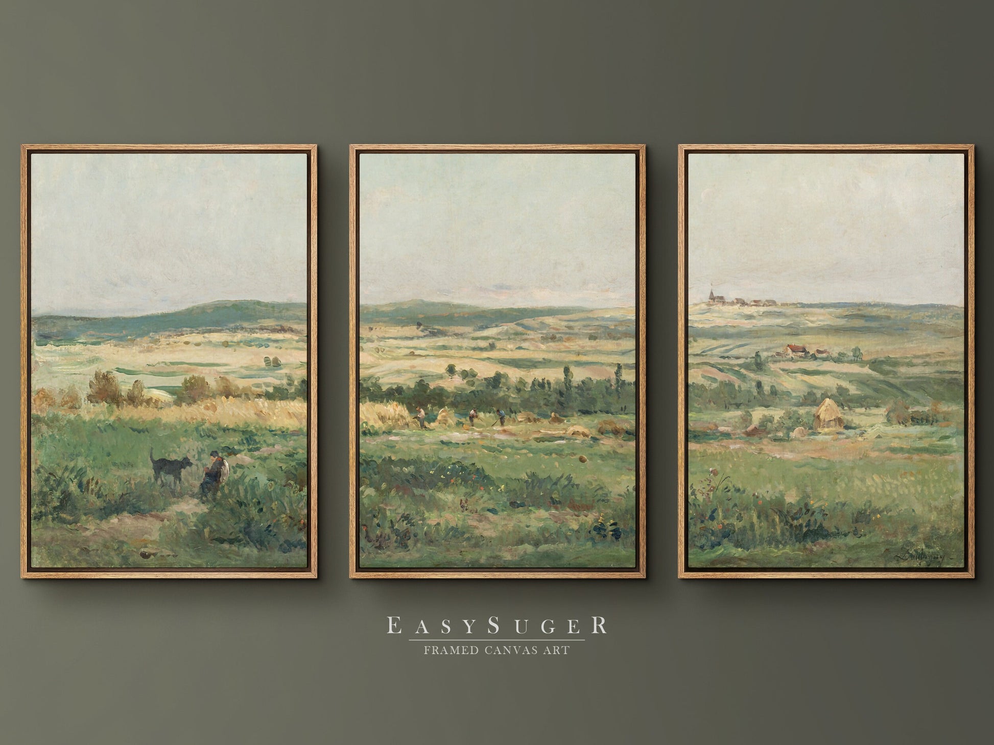 EasySuger 3 Panels Wildflowers field Landscape Wall Art, Vintage Nature Framed Large Gallery Art, Antique Art Ready to Hang