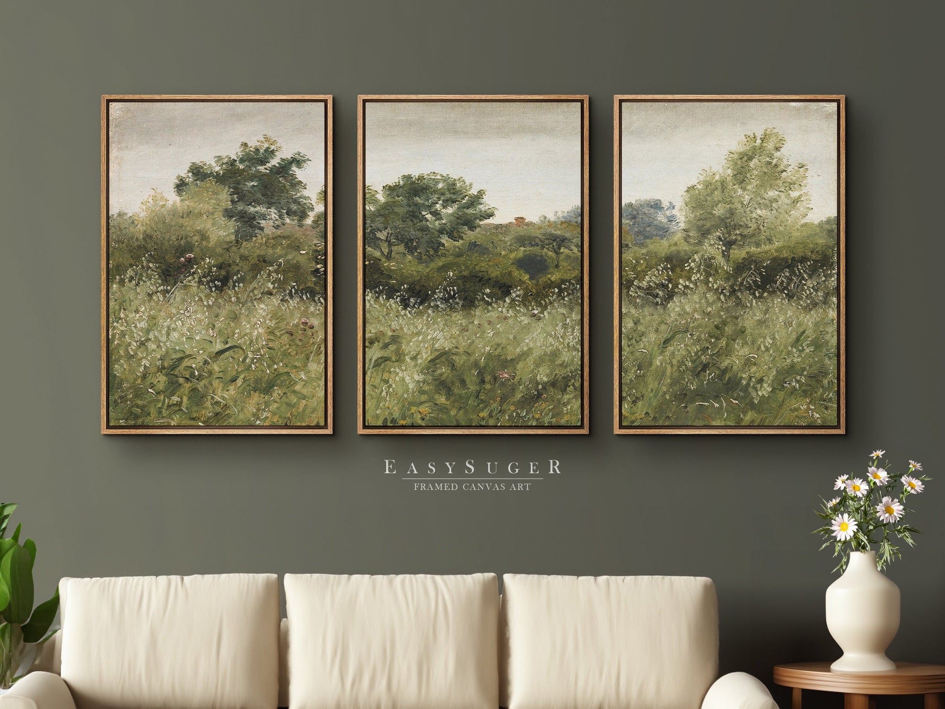 EasySuger 3 Panels Cottage Landscape Wall Art, Vintage Natural Landscape Framed Large Gallery Art, Antique Art Ready to Hang