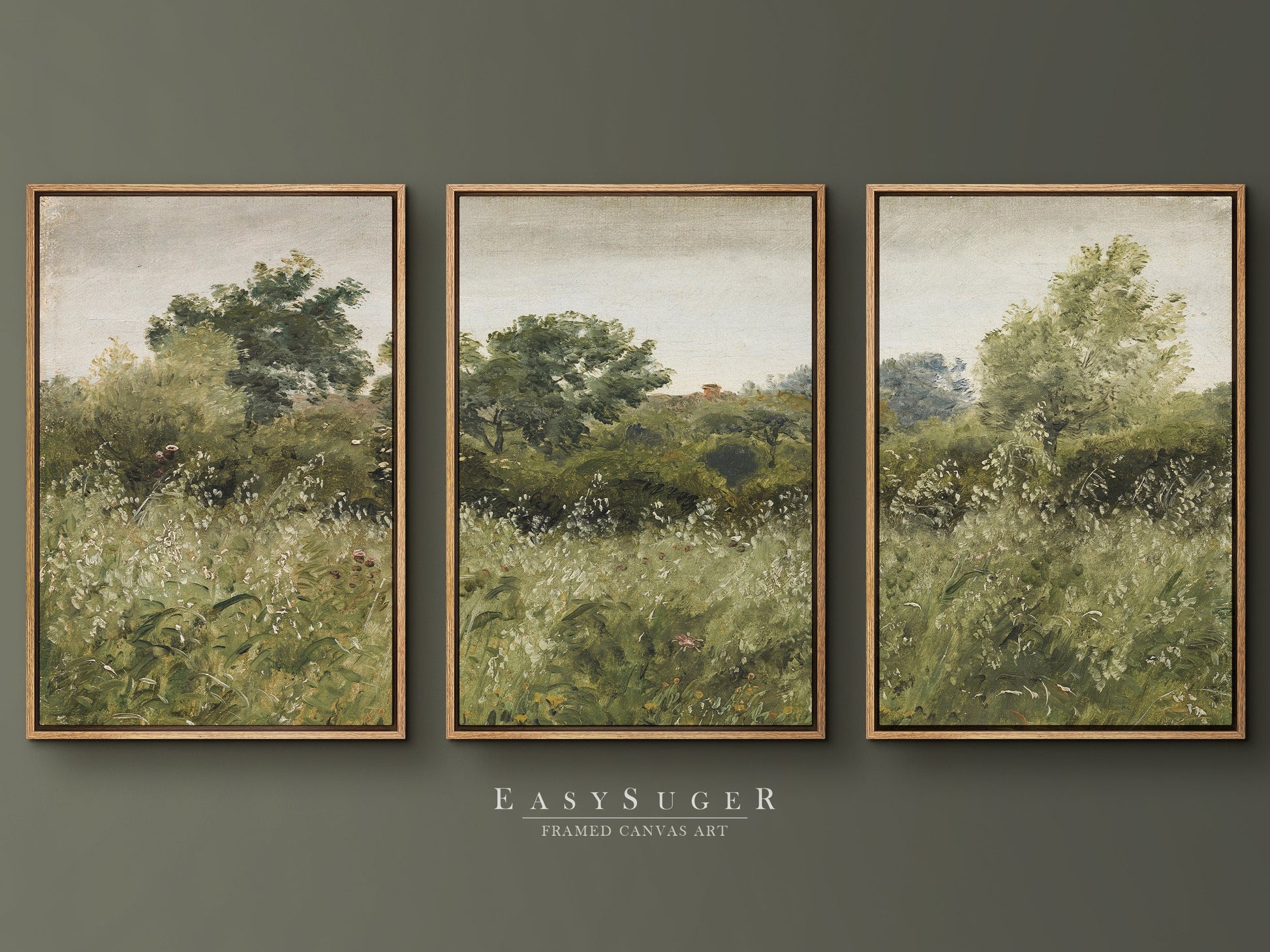 EasySuger 3 Panels Cottage Landscape Wall Art, Vintage Natural Landscape Framed Large Gallery Art, Antique Art Ready to Hang