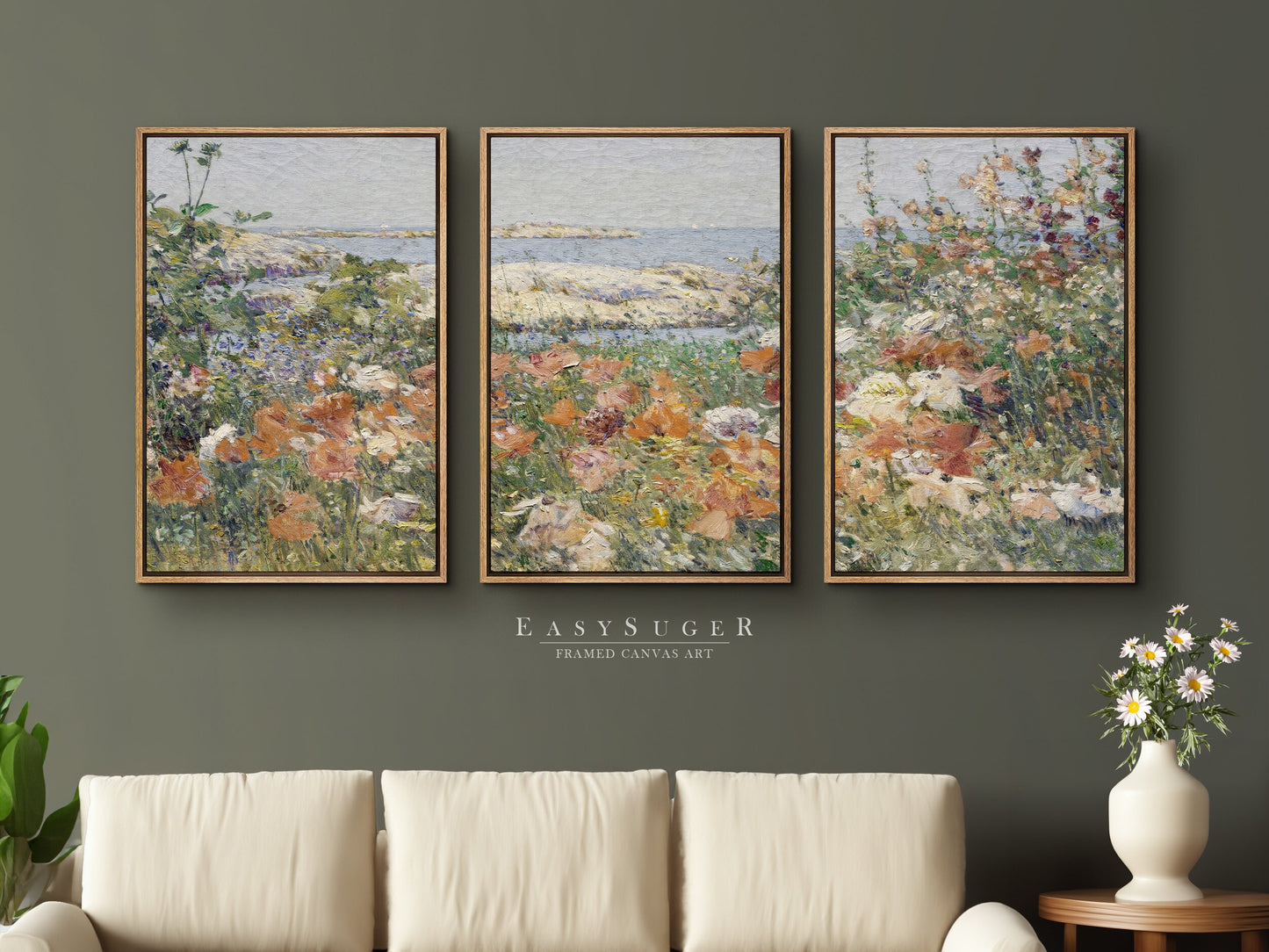 EasySuger 3 Panels Flowers Garden Wall Art, Vintage Nature Framed Large Gallery Art, Antique Art Ready to Hang