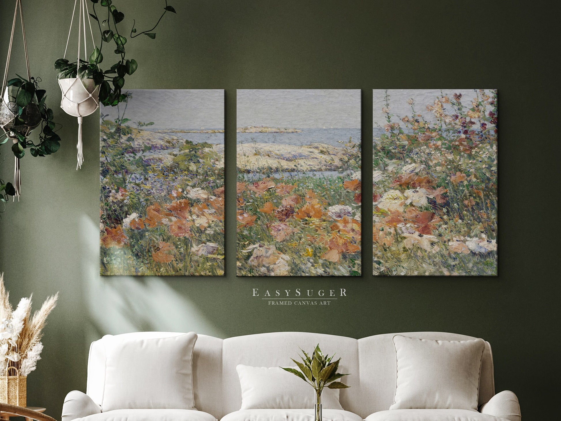 EasySuger 3 Panels Flowers Garden Wall Art, Vintage Nature Framed Large Gallery Art, Antique Art Ready to Hang