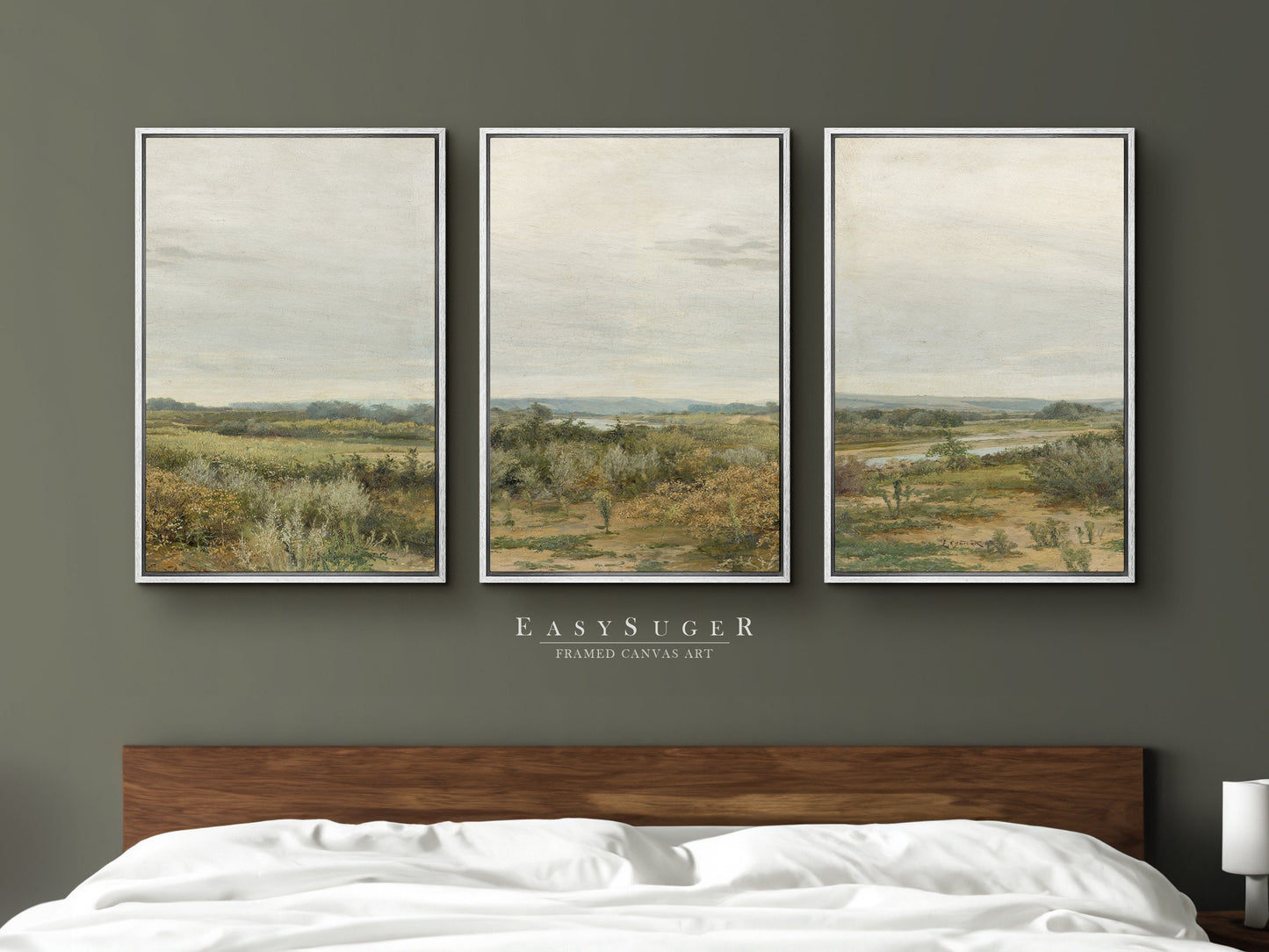 EasySuger 3 Panels Wildfield Landscape Wall Art, Vintage Nature Framed Large Gallery Art, Antique Art Ready to Hang