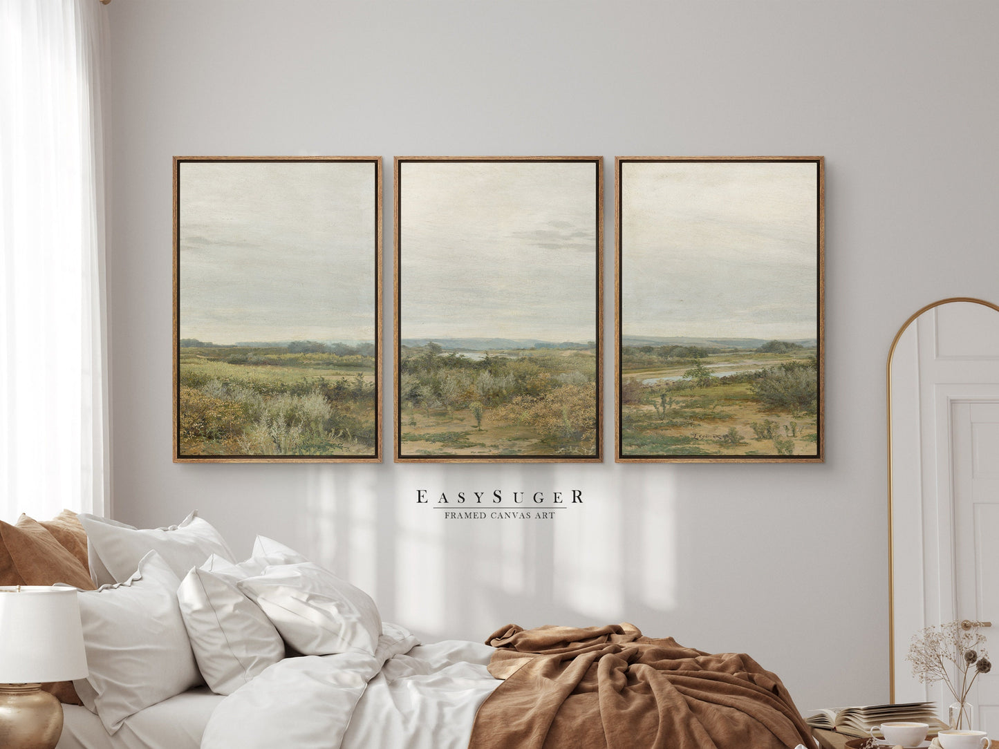 EasySuger 3 Panels Wildfield Landscape Wall Art, Vintage Nature Framed Large Gallery Art, Antique Art Ready to Hang