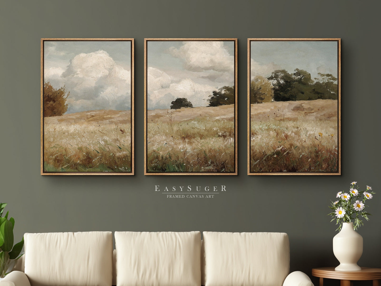 EasySuger 3 Panels Wildfield Landscape Wall Art, Vintage Nature Framed Large Gallery Art, Antique Art Ready to Hang