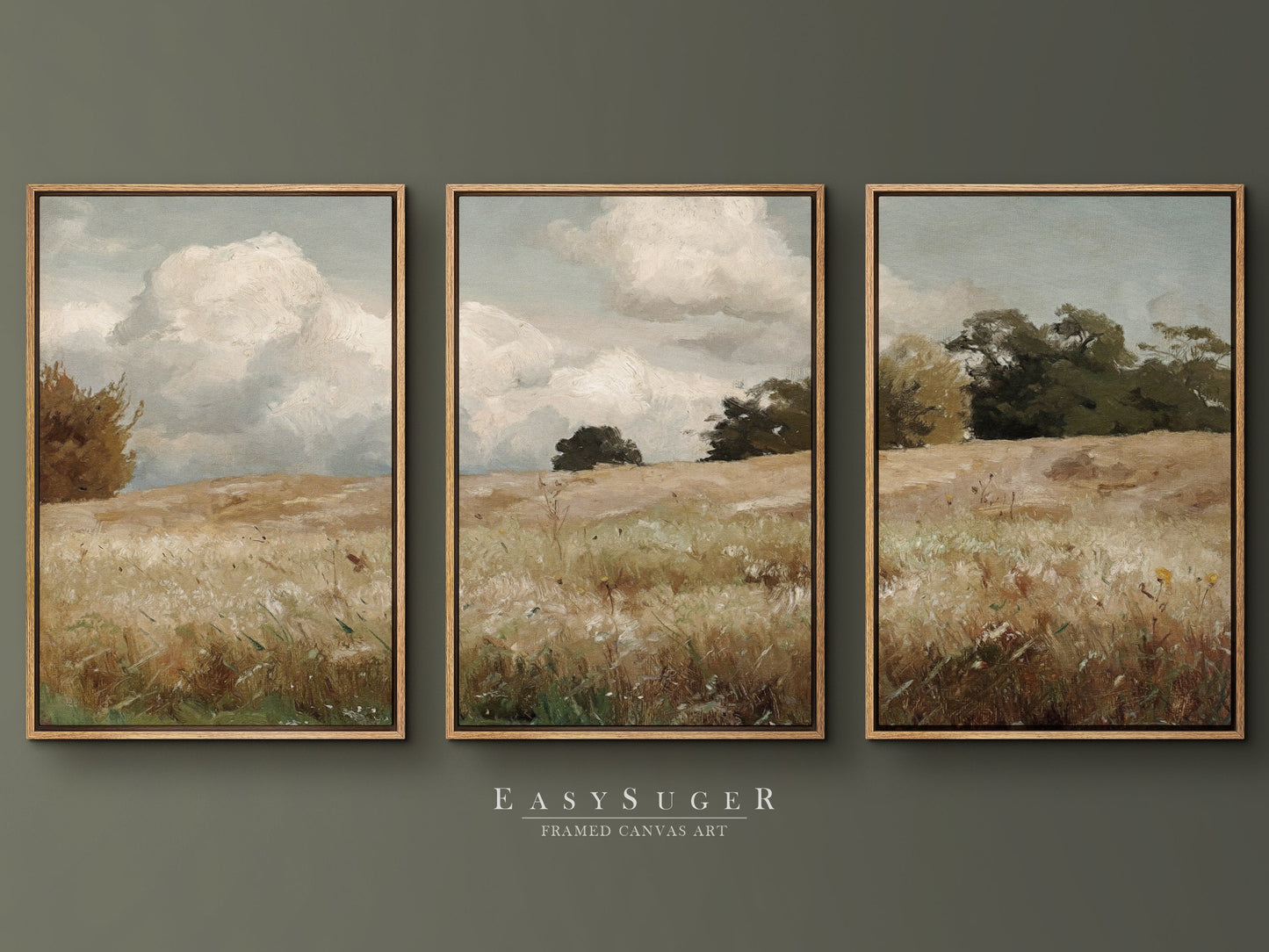 EasySuger 3 Panels Wildfield Landscape Wall Art, Vintage Nature Framed Large Gallery Art, Antique Art Ready to Hang