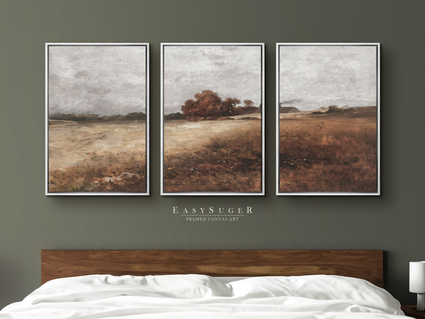 EasySuger 3 Panels Autumn WildField Landscape Wall Art, Vintage Nature Framed Large Gallery Art, Antique Art Ready to Hang