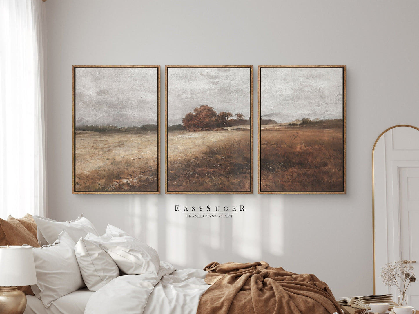 EasySuger 3 Panels Autumn WildField Landscape Wall Art, Vintage Nature Framed Large Gallery Art, Antique Art Ready to Hang