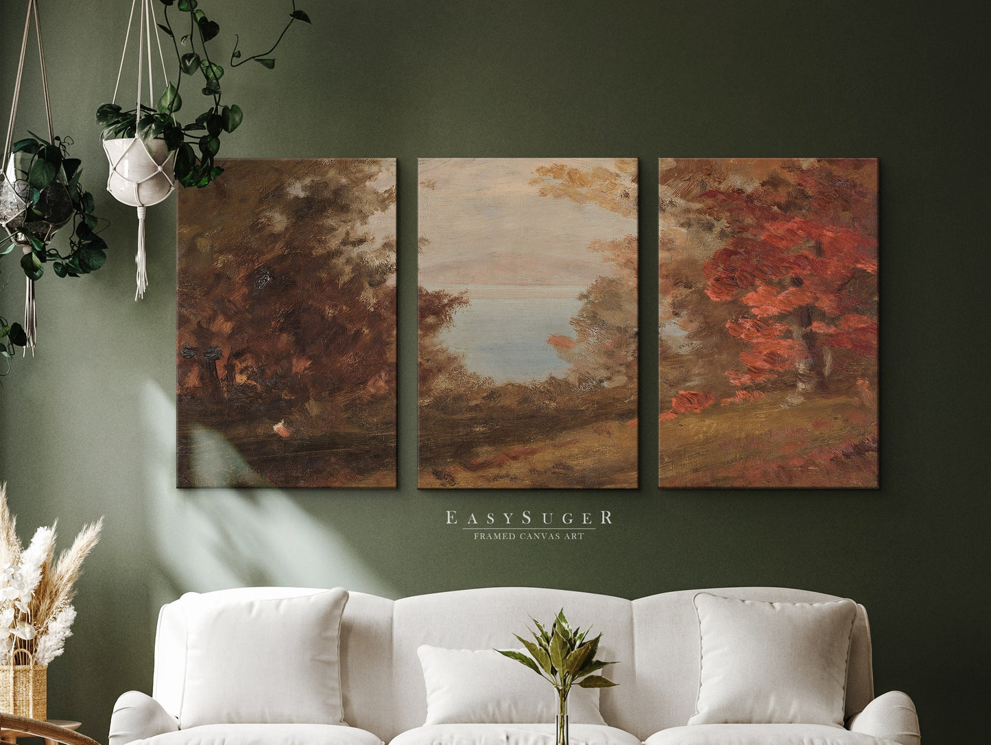 EasySuger 3 Panels Wildfield Landscape Wall Art, Vintage Nature Framed Large Gallery Art, Antique Art Ready to Hang