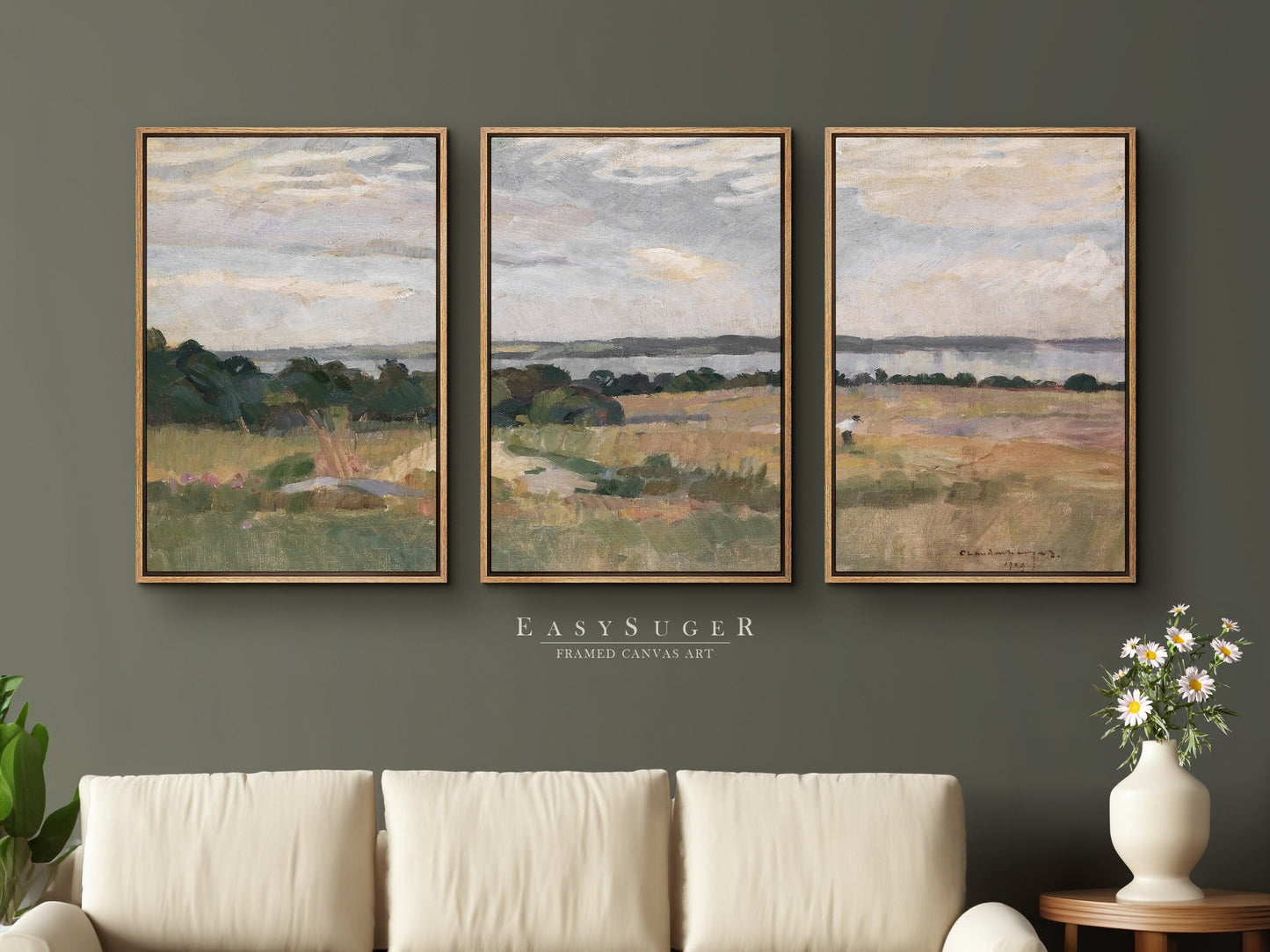 EasySuger 3 Panels Wildfield Landscape Wall Art, Vintage Nature Framed Large Gallery Art, Antique Art Ready to Hang