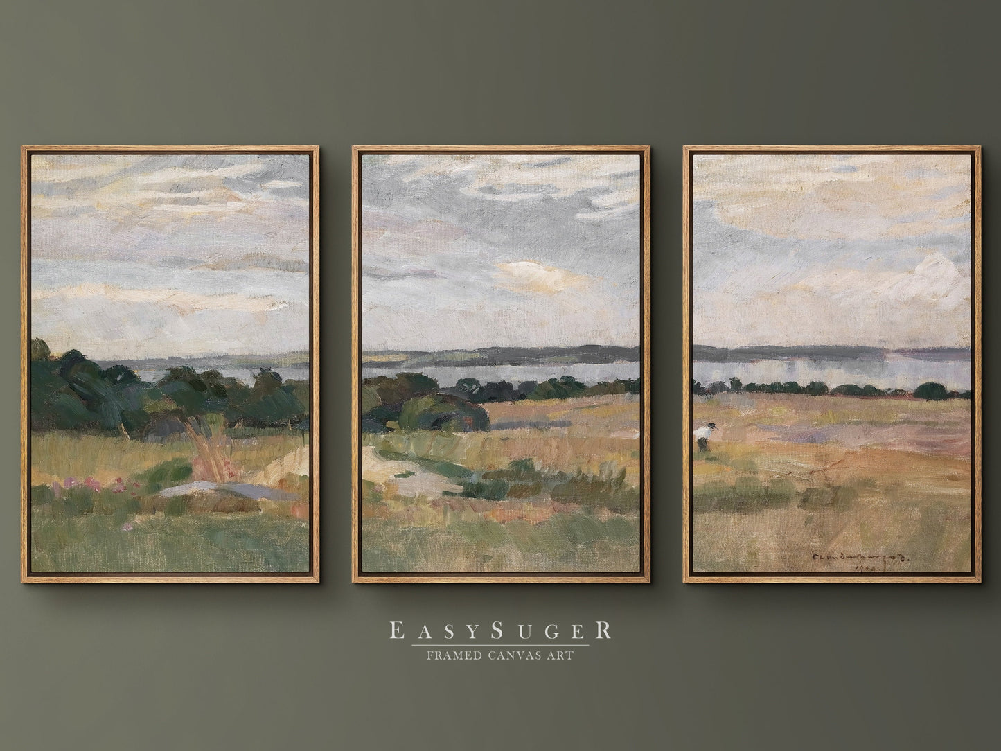 EasySuger 3 Panels Wildfield Landscape Wall Art, Vintage Nature Framed Large Gallery Art, Antique Art Ready to Hang