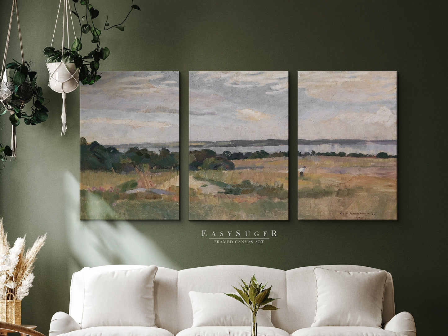 EasySuger 3 Panels Wildfield Landscape Wall Art, Vintage Nature Framed Large Gallery Art, Antique Art Ready to Hang