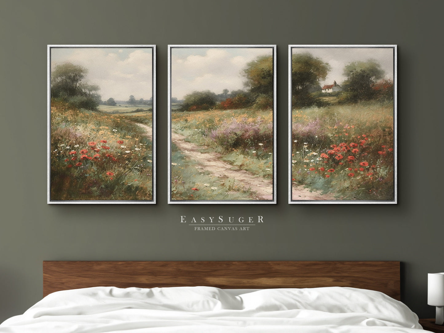 EasySuger 3 Panels Flowers Garden Wall Art, Vintage Nature Framed Large Gallery Art, Antique Art Ready to Hang