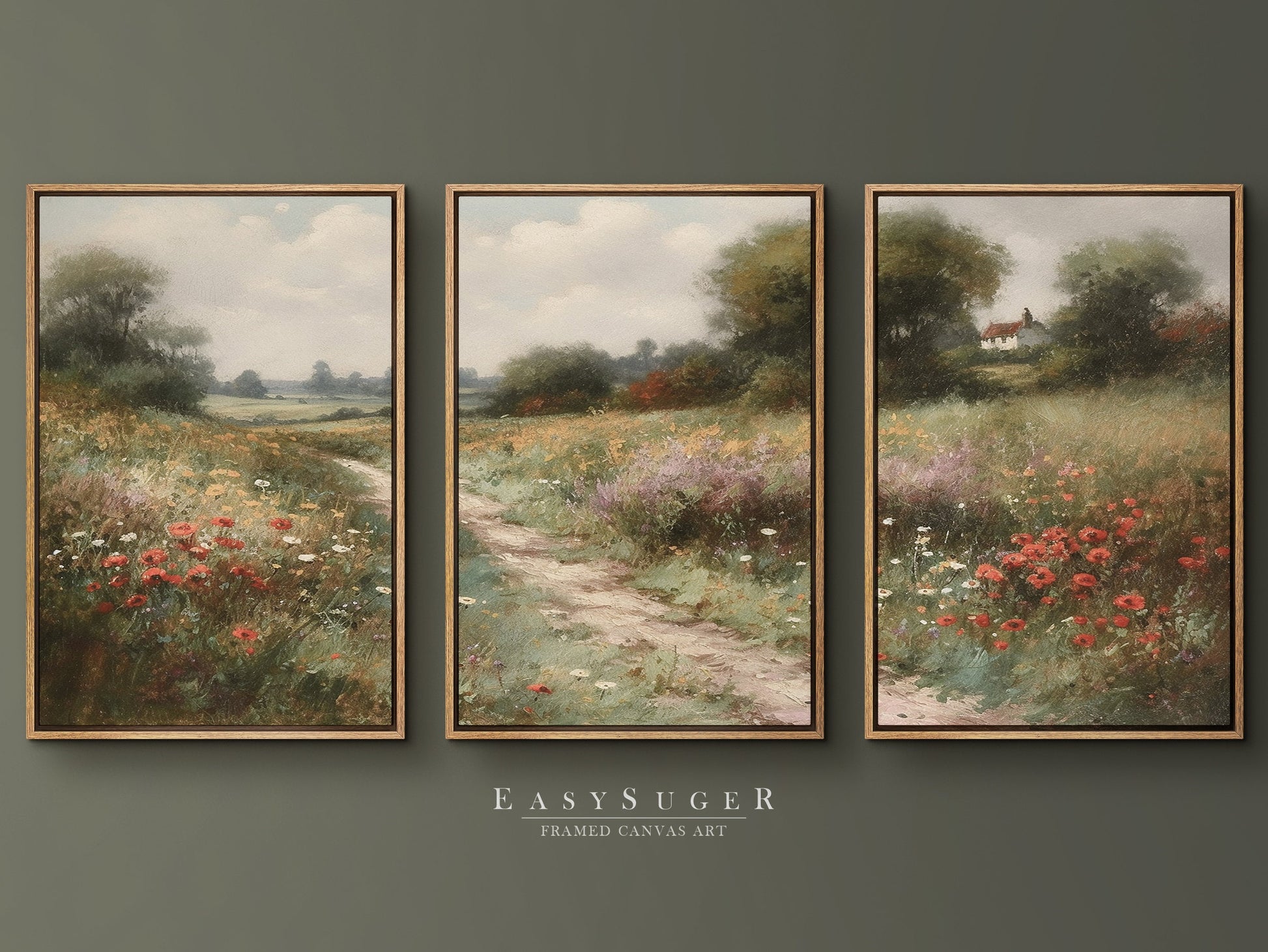 EasySuger 3 Panels Flowers Garden Wall Art, Vintage Nature Framed Large Gallery Art, Antique Art Ready to Hang