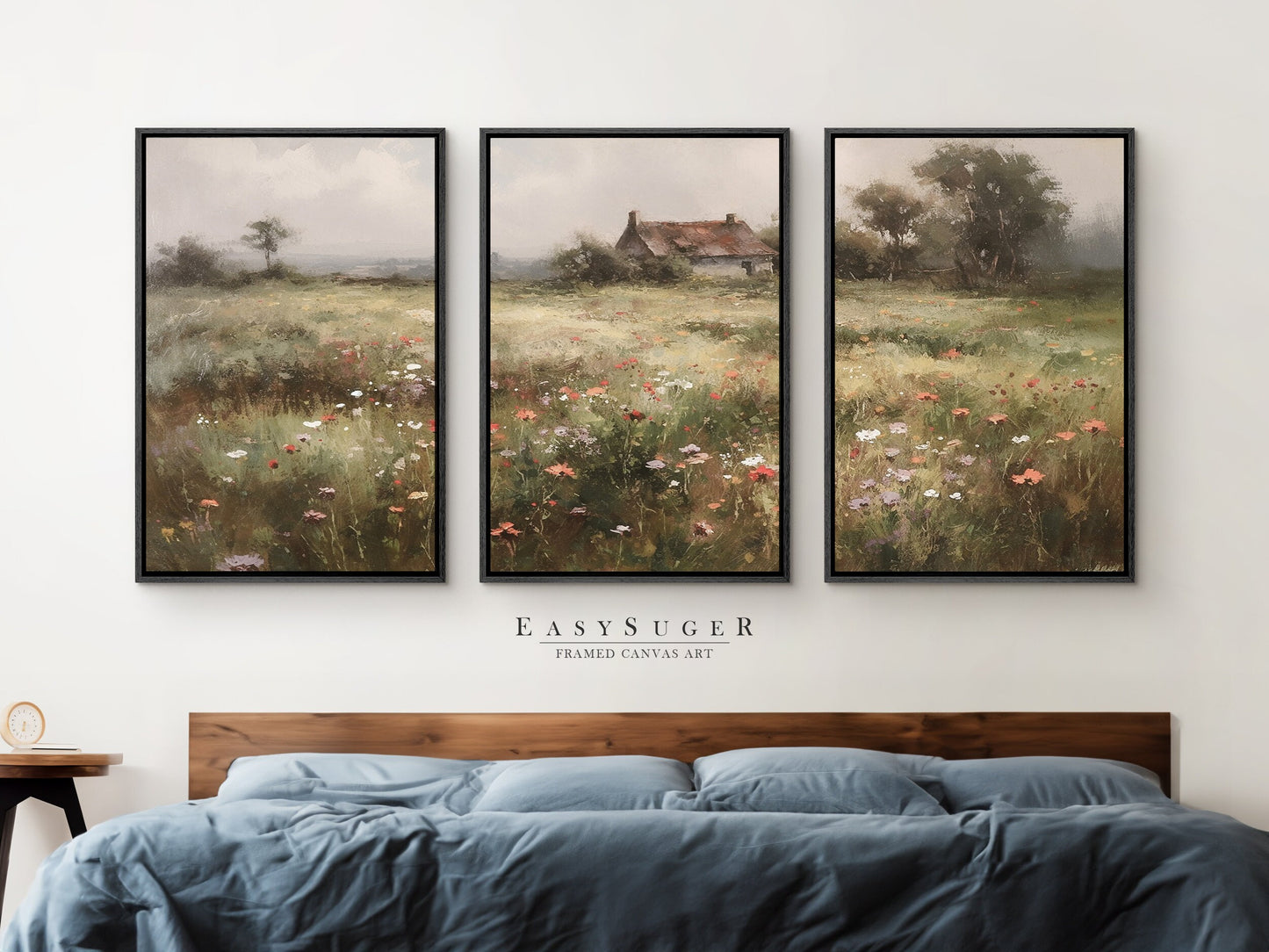 EasySuger 3 Panels Flowers Garden Wall Art, Vintage Nature Framed Large Gallery Art, Antique Art Ready to Hang