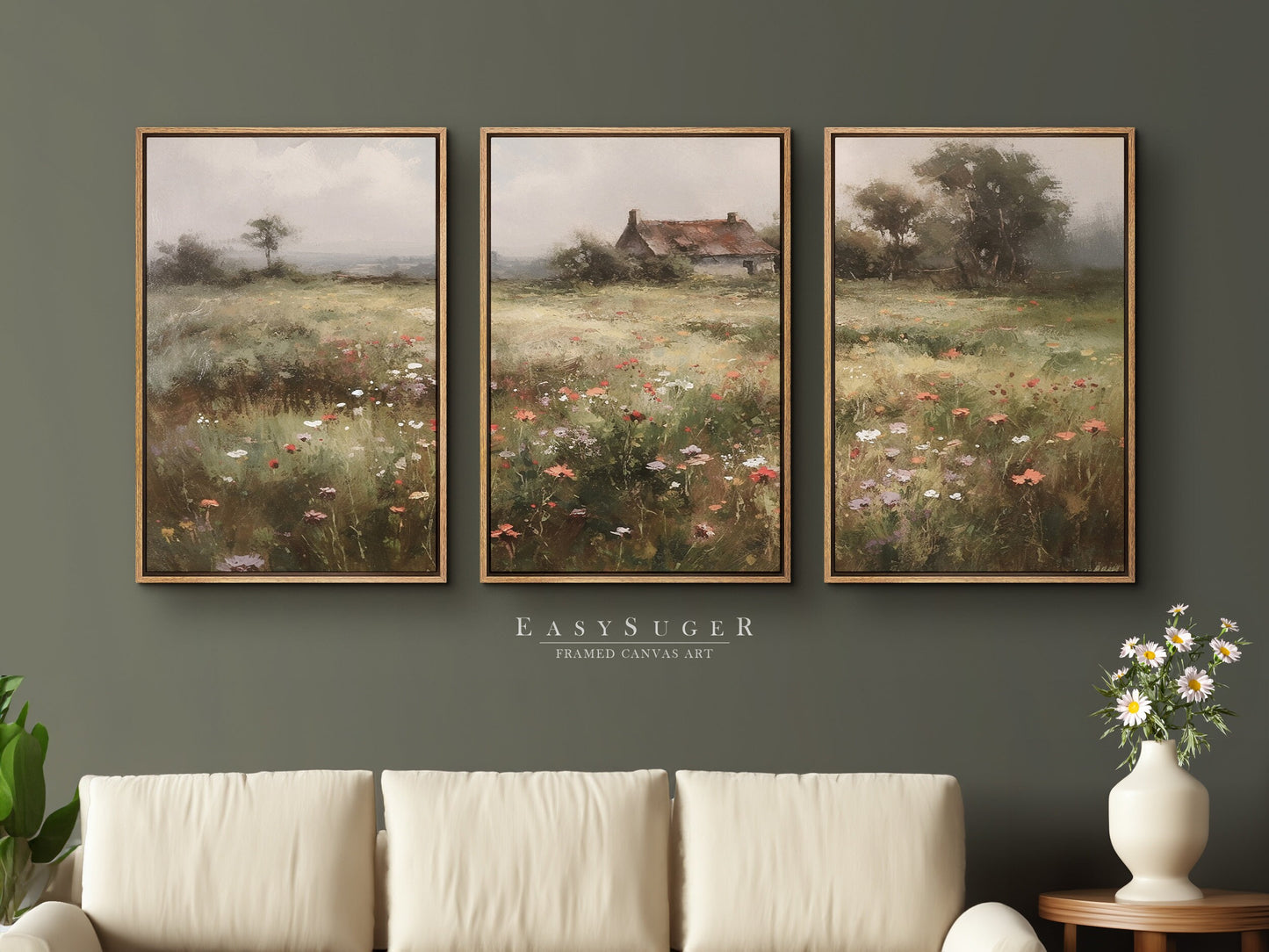 EasySuger 3 Panels Flowers Garden Wall Art, Vintage Nature Framed Large Gallery Art, Antique Art Ready to Hang