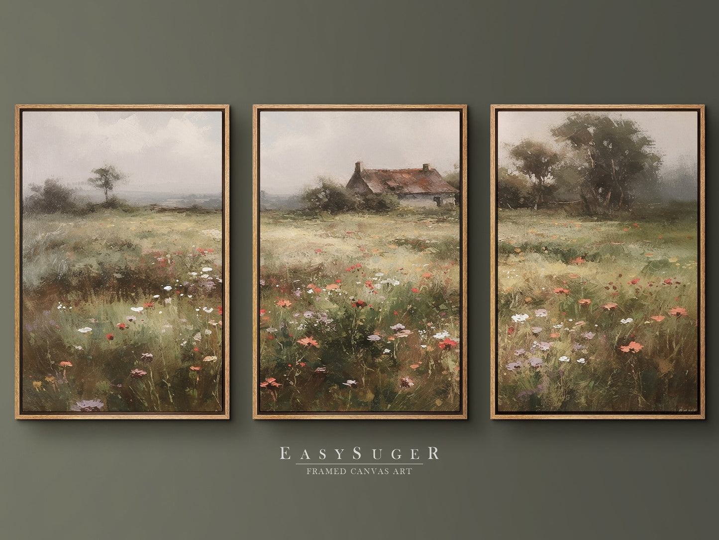 EasySuger 3 Panels Flowers Garden Wall Art, Vintage Nature Framed Large Gallery Art, Antique Art Ready to Hang