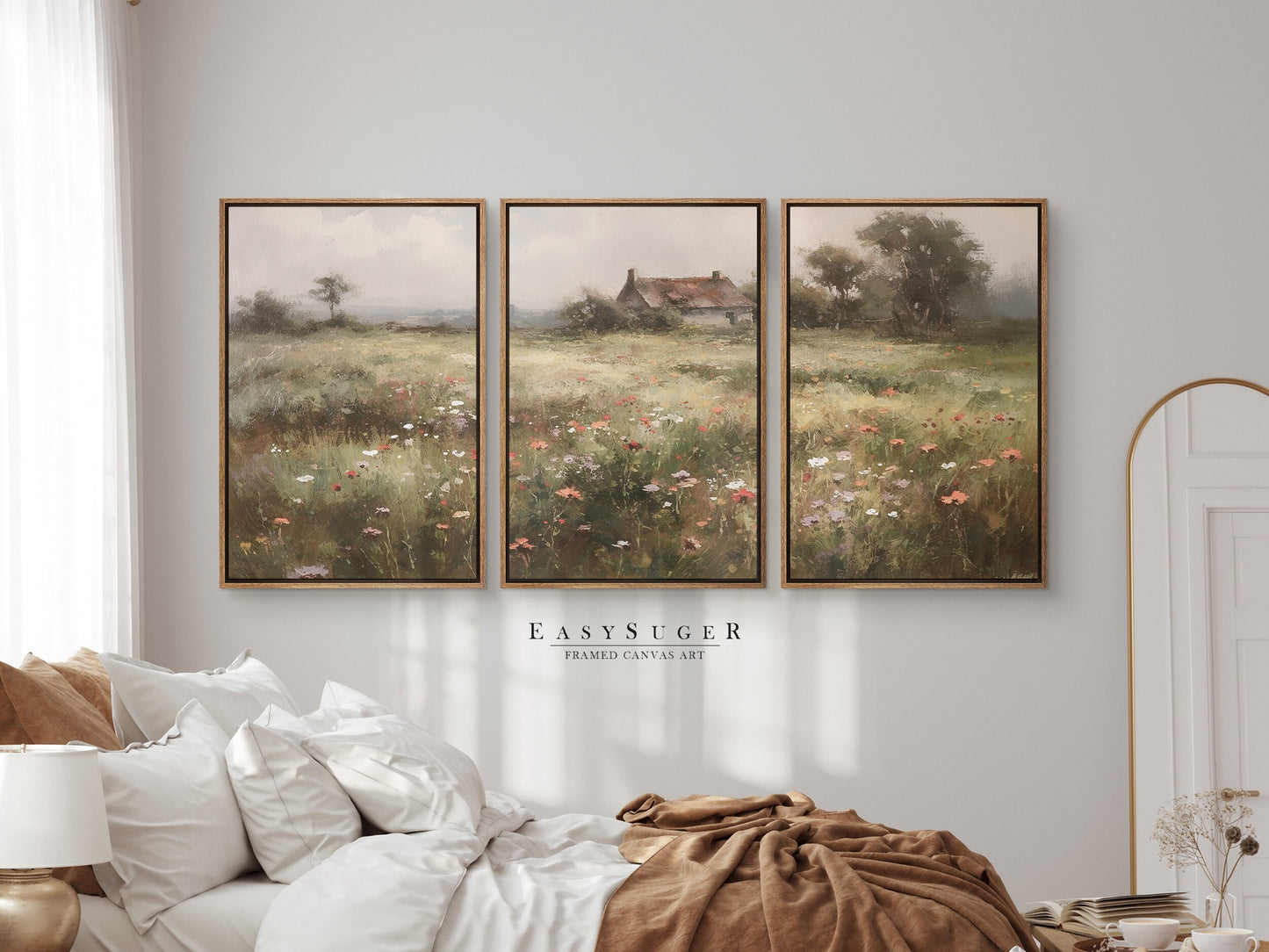 EasySuger 3 Panels Flowers Garden Wall Art, Vintage Nature Framed Large Gallery Art, Antique Art Ready to Hang