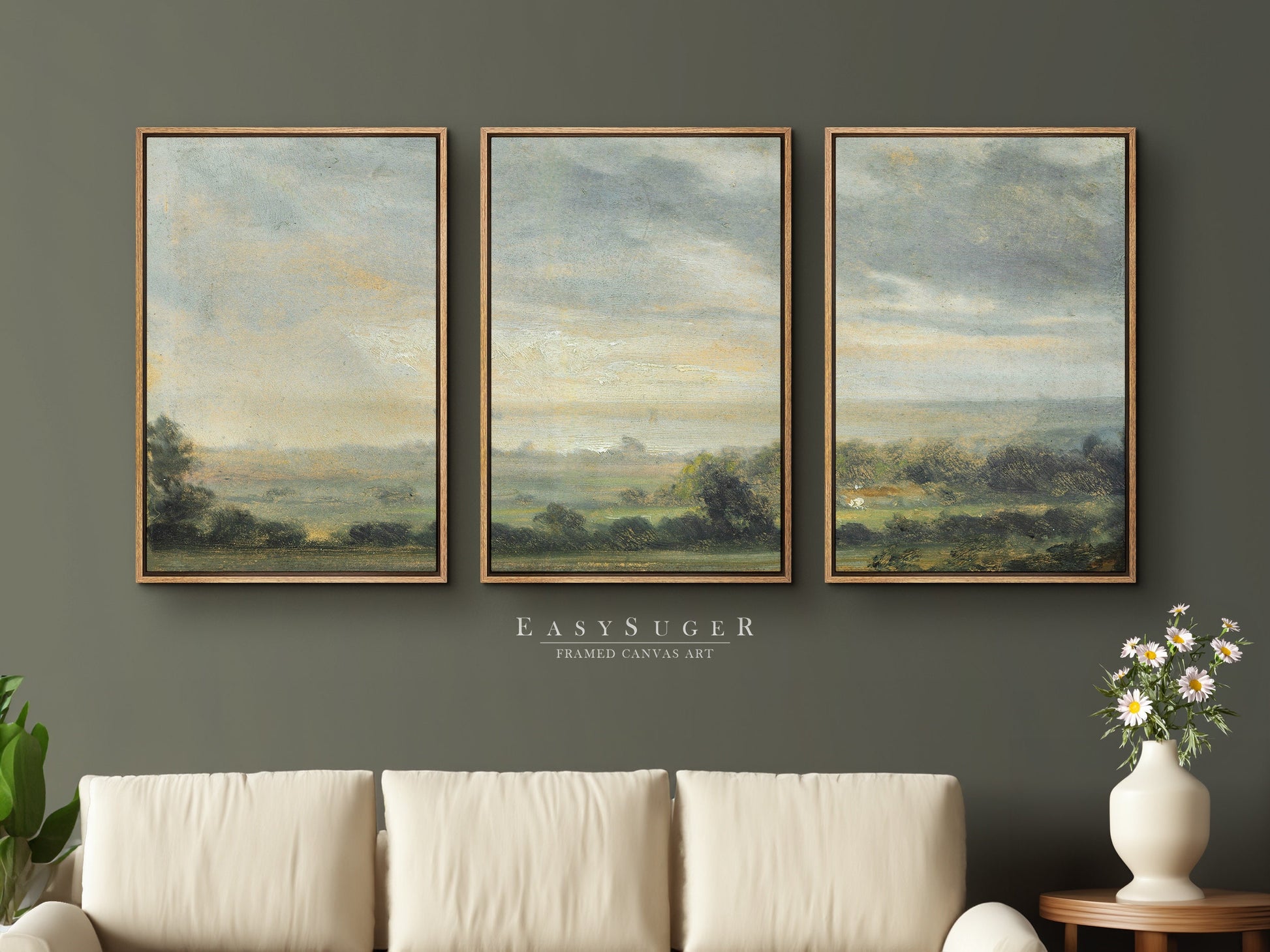 EasySuger 3 Panels Watercolor Landscape Wall Art, Vintage Nature Framed Large Gallery Art, Antique Art Ready to Hang