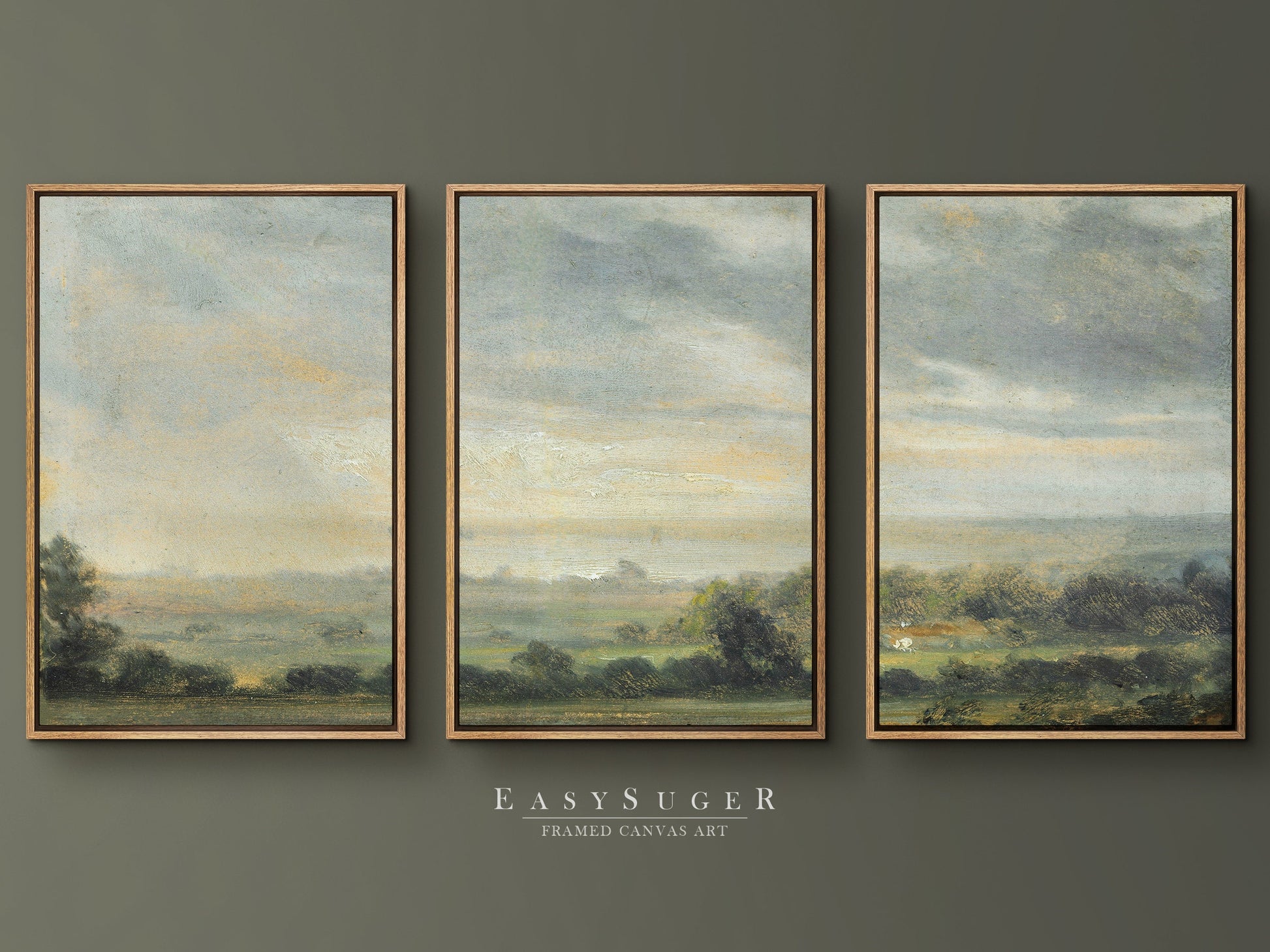 EasySuger 3 Panels Watercolor Landscape Wall Art, Vintage Nature Framed Large Gallery Art, Antique Art Ready to Hang