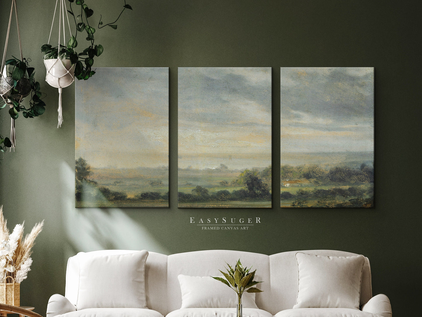 EasySuger 3 Panels Watercolor Landscape Wall Art, Vintage Nature Framed Large Gallery Art, Antique Art Ready to Hang