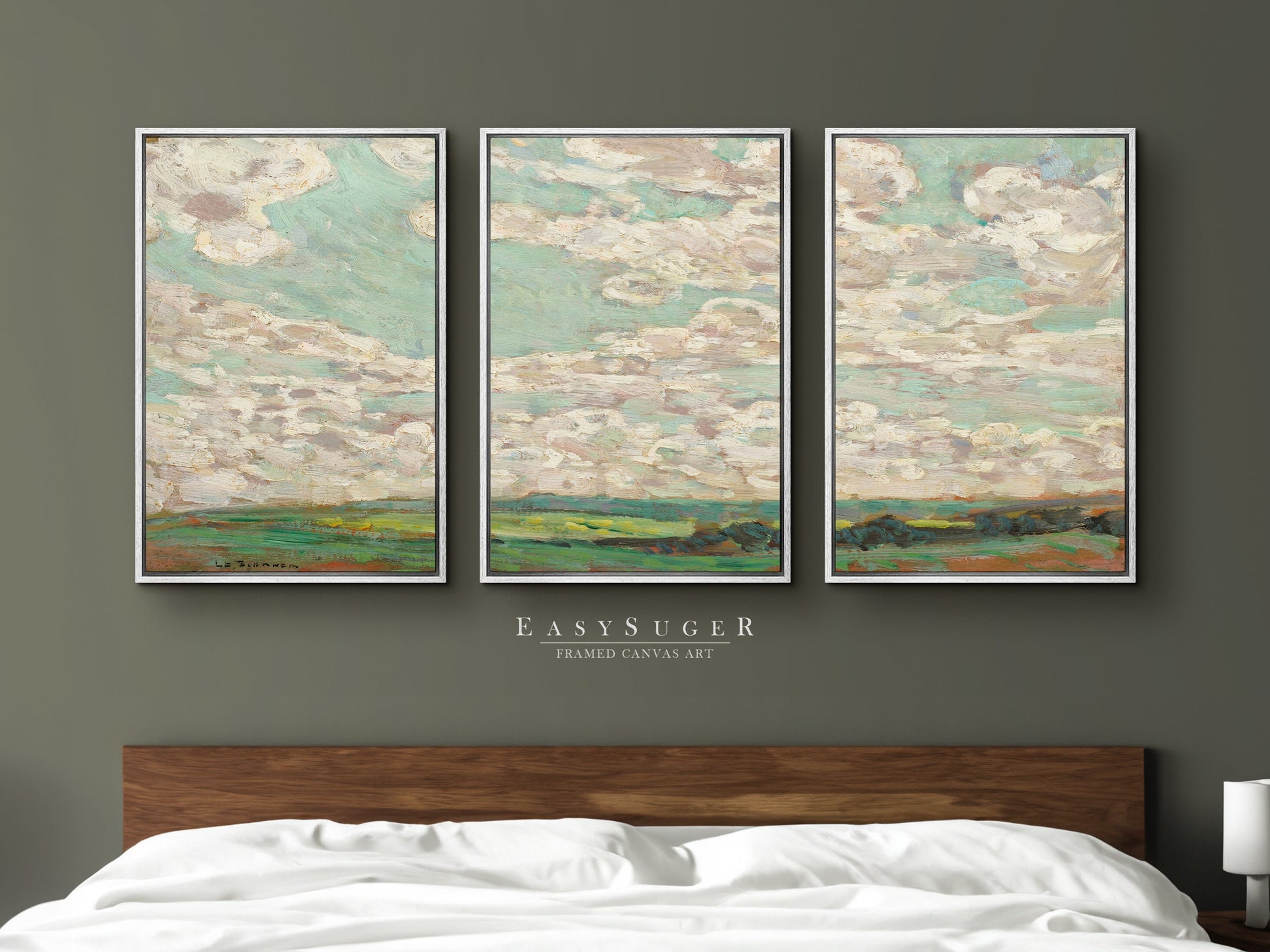 EasySuger 3 Panels Abstract Cloudy Wildfield Wall Art, Vintage Nature Framed Large Gallery Art, Antique Art Ready to Hang