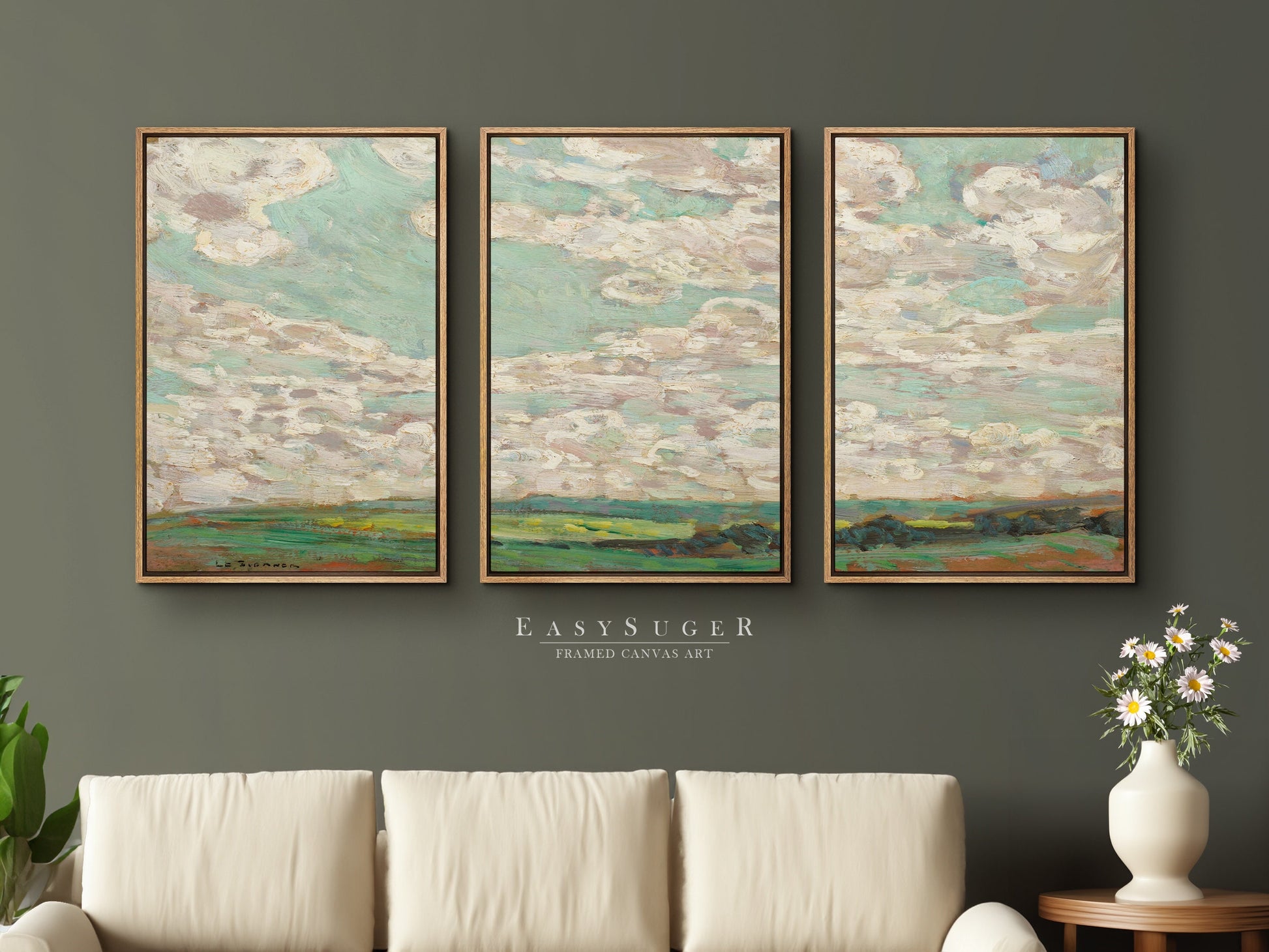 EasySuger 3 Panels Abstract Cloudy Wildfield Wall Art, Vintage Nature Framed Large Gallery Art, Antique Art Ready to Hang