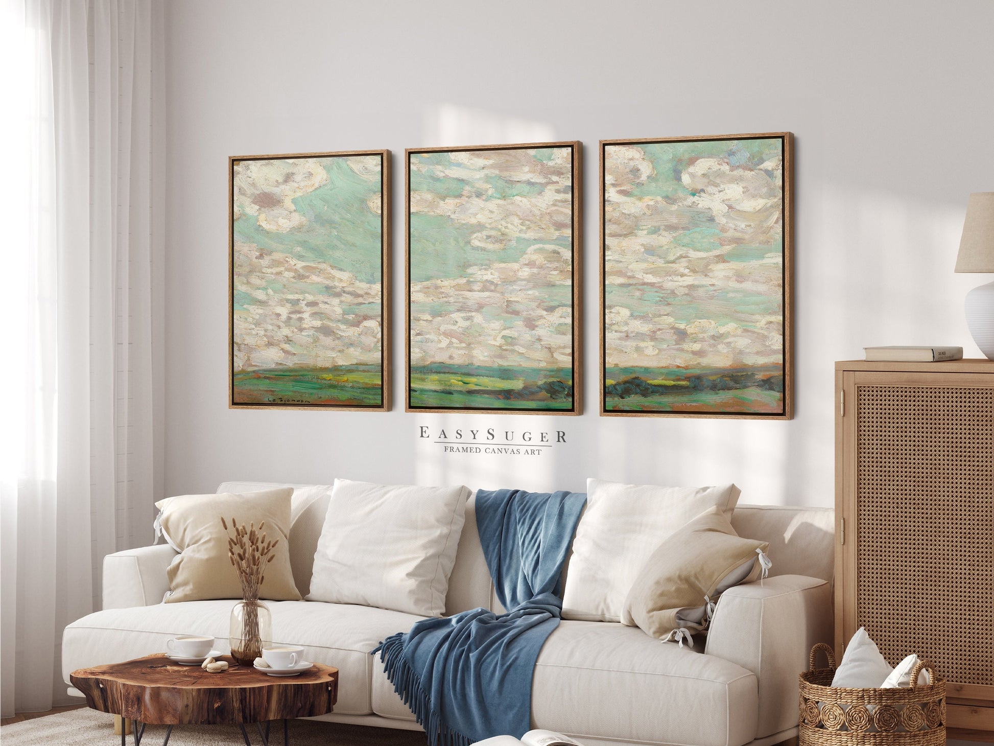 EasySuger 3 Panels Abstract Cloudy Wildfield Wall Art, Vintage Nature Framed Large Gallery Art, Antique Art Ready to Hang