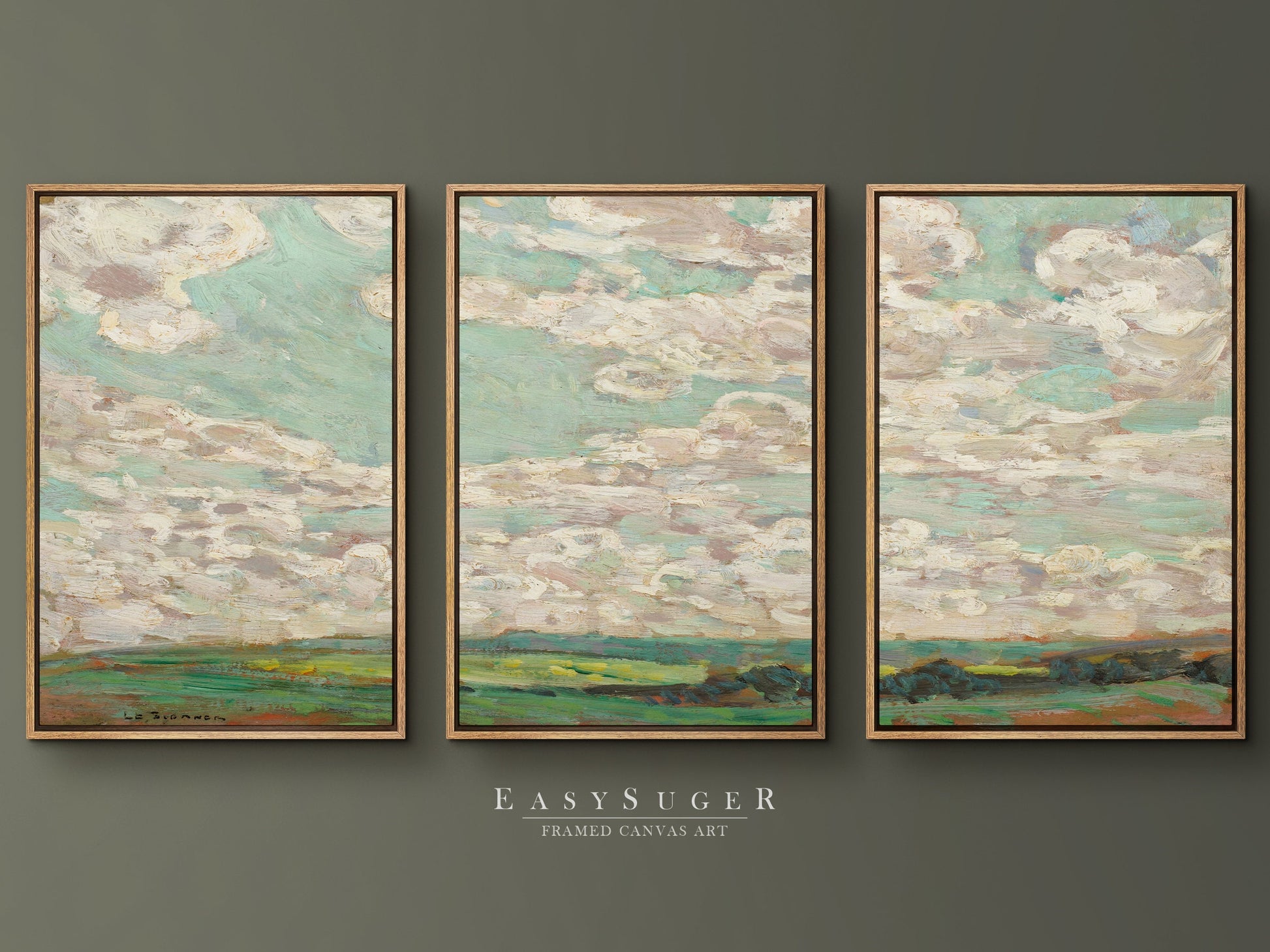 EasySuger 3 Panels Abstract Cloudy Wildfield Wall Art, Vintage Nature Framed Large Gallery Art, Antique Art Ready to Hang