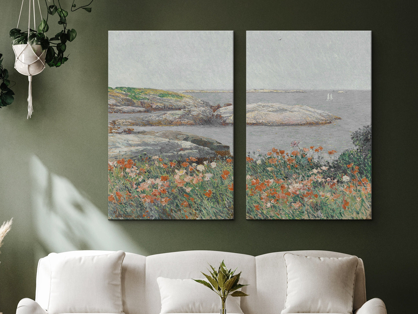 EasySuger 2 Panels FlowerField By the sea Wall Art, Vintage Nature Framed Large Gallery Art, Antique Art Ready to Hang