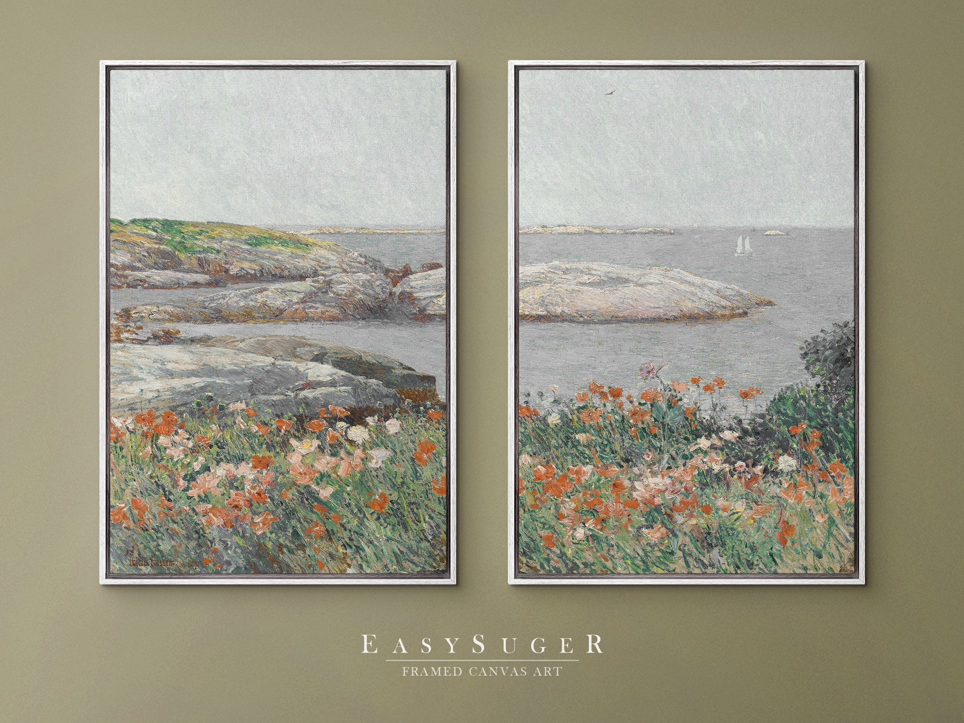 EasySuger 2 Panels FlowerField By the sea Wall Art, Vintage Nature Framed Large Gallery Art, Antique Art Ready to Hang