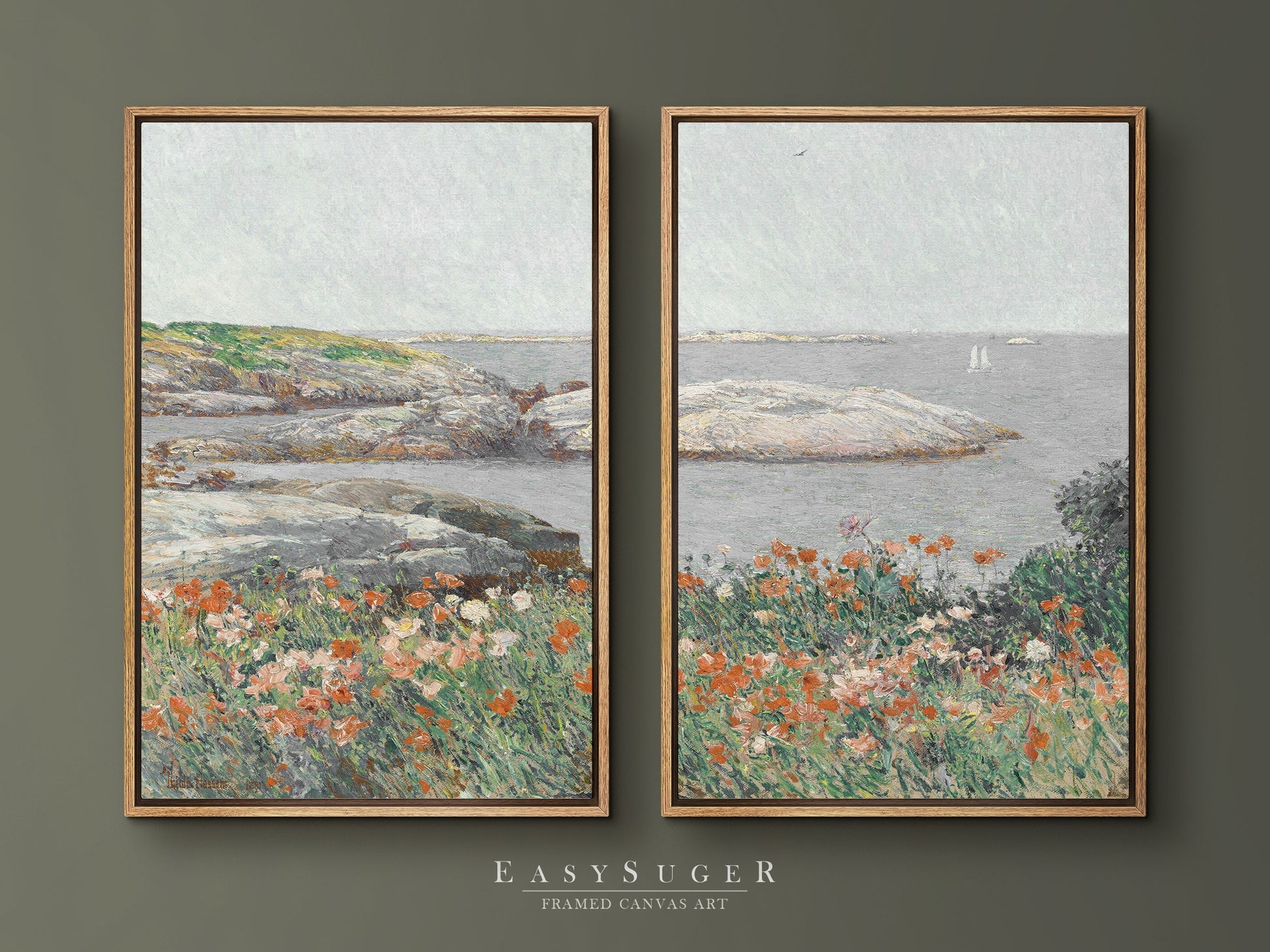 EasySuger 2 Panels FlowerField By the sea Wall Art, Vintage Nature Framed Large Gallery Art, Antique Art Ready to Hang