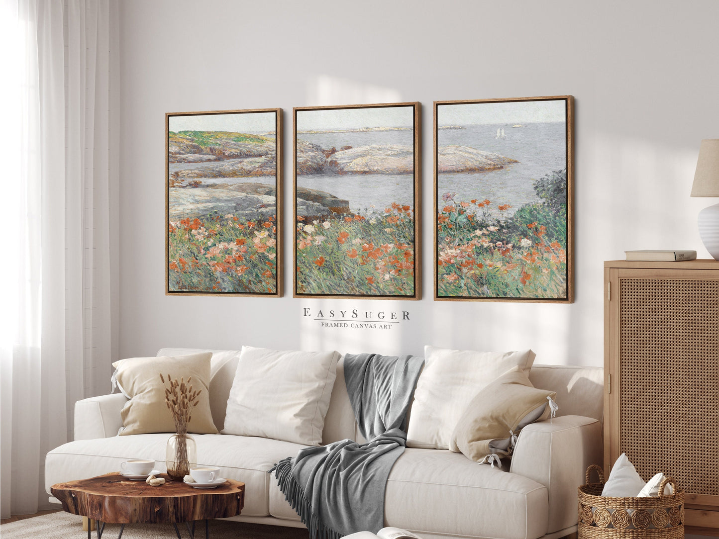 EasySuger 3 Panels flower field by the sea Wall Art, Vintage Nature Framed Large Gallery Art, Antique Art Ready to Hang