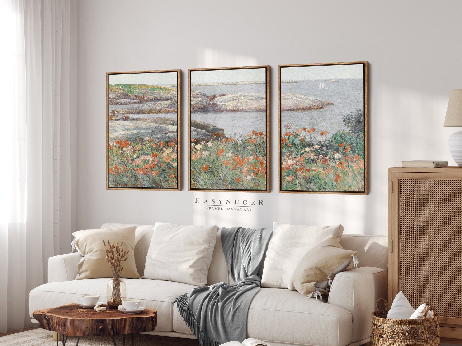 EasySuger 3 Panels flower field by the sea Wall Art, Vintage Nature Framed Large Gallery Art, Antique Art Ready to Hang