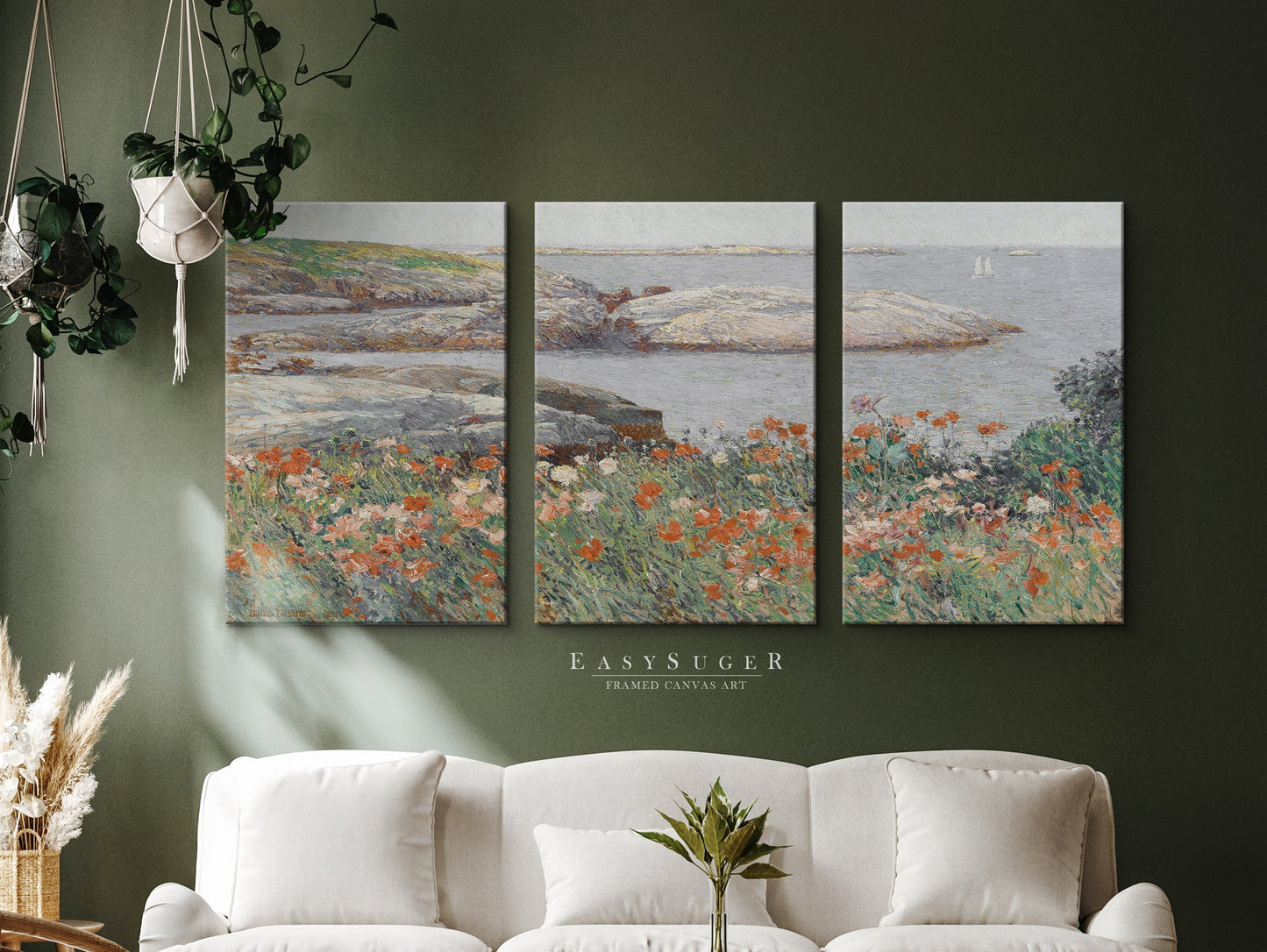 EasySuger 3 Panels flower field by the sea Wall Art, Vintage Nature Framed Large Gallery Art, Antique Art Ready to Hang