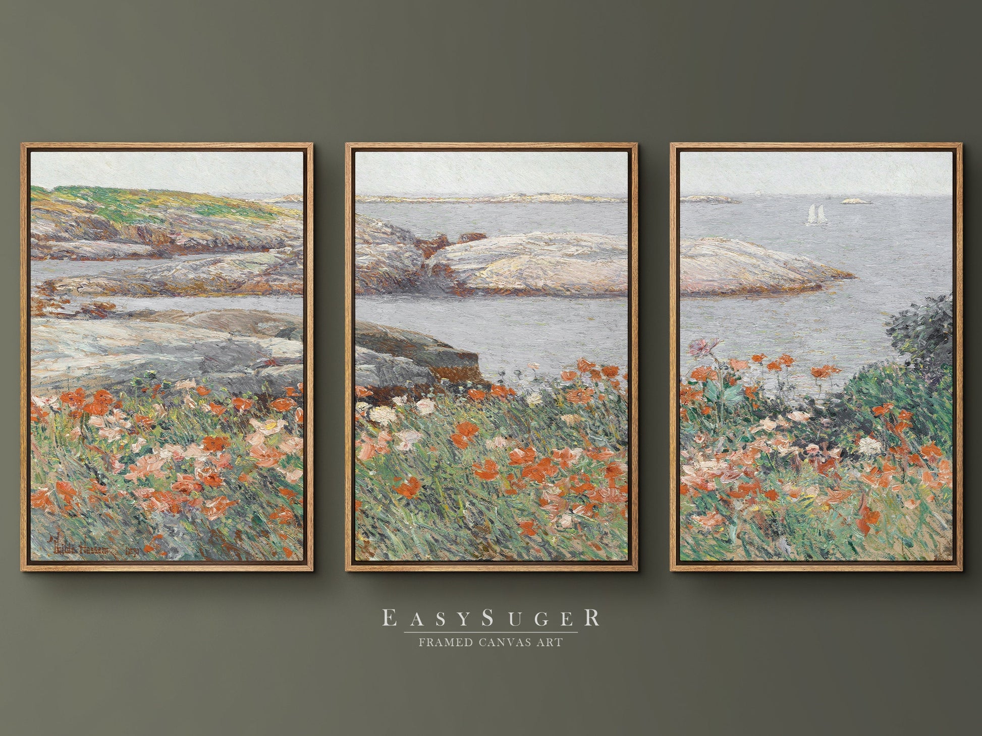 EasySuger 3 Panels flower field by the sea Wall Art, Vintage Nature Framed Large Gallery Art, Antique Art Ready to Hang