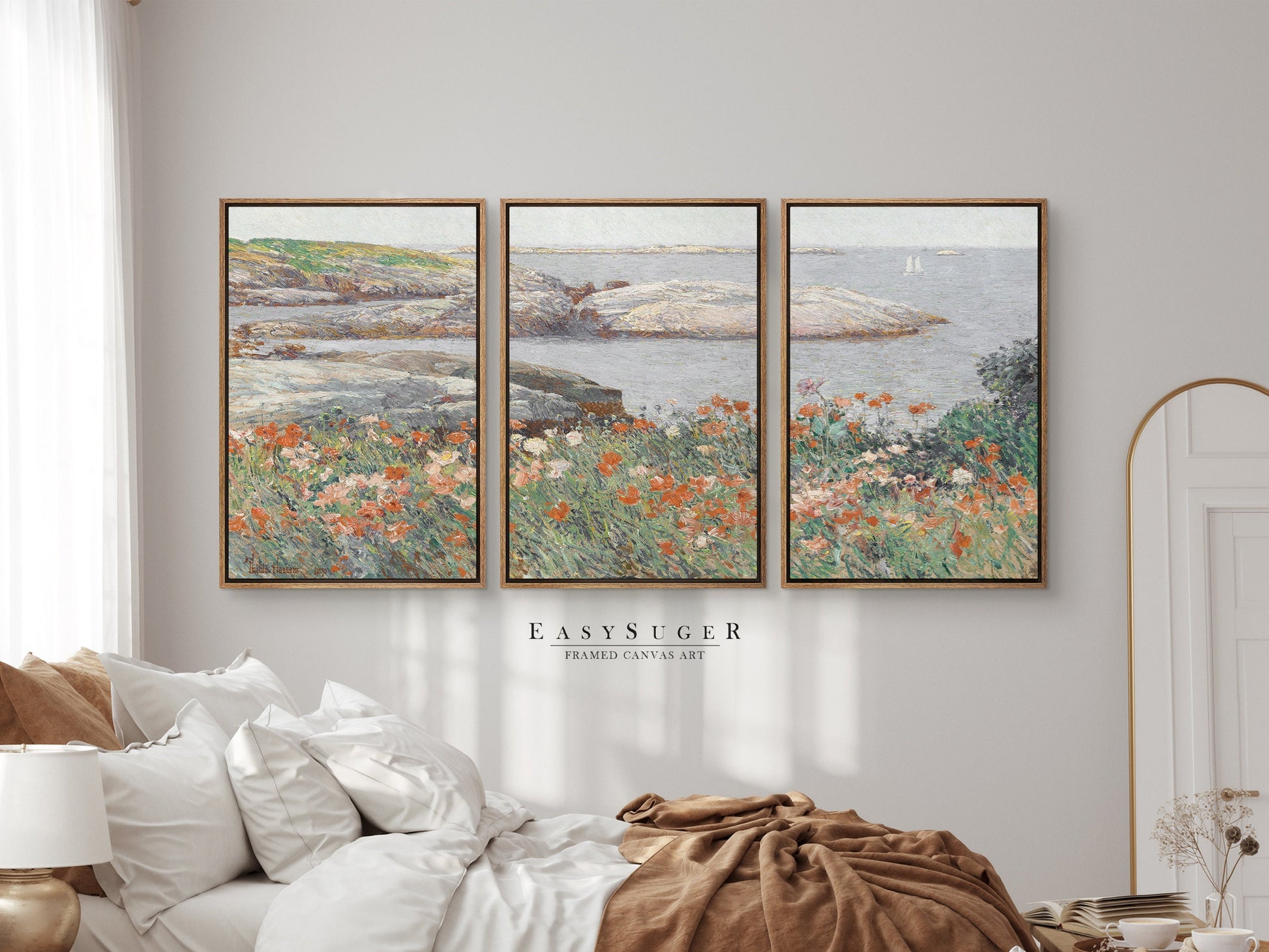 EasySuger 3 Panels flower field by the sea Wall Art, Vintage Nature Framed Large Gallery Art, Antique Art Ready to Hang