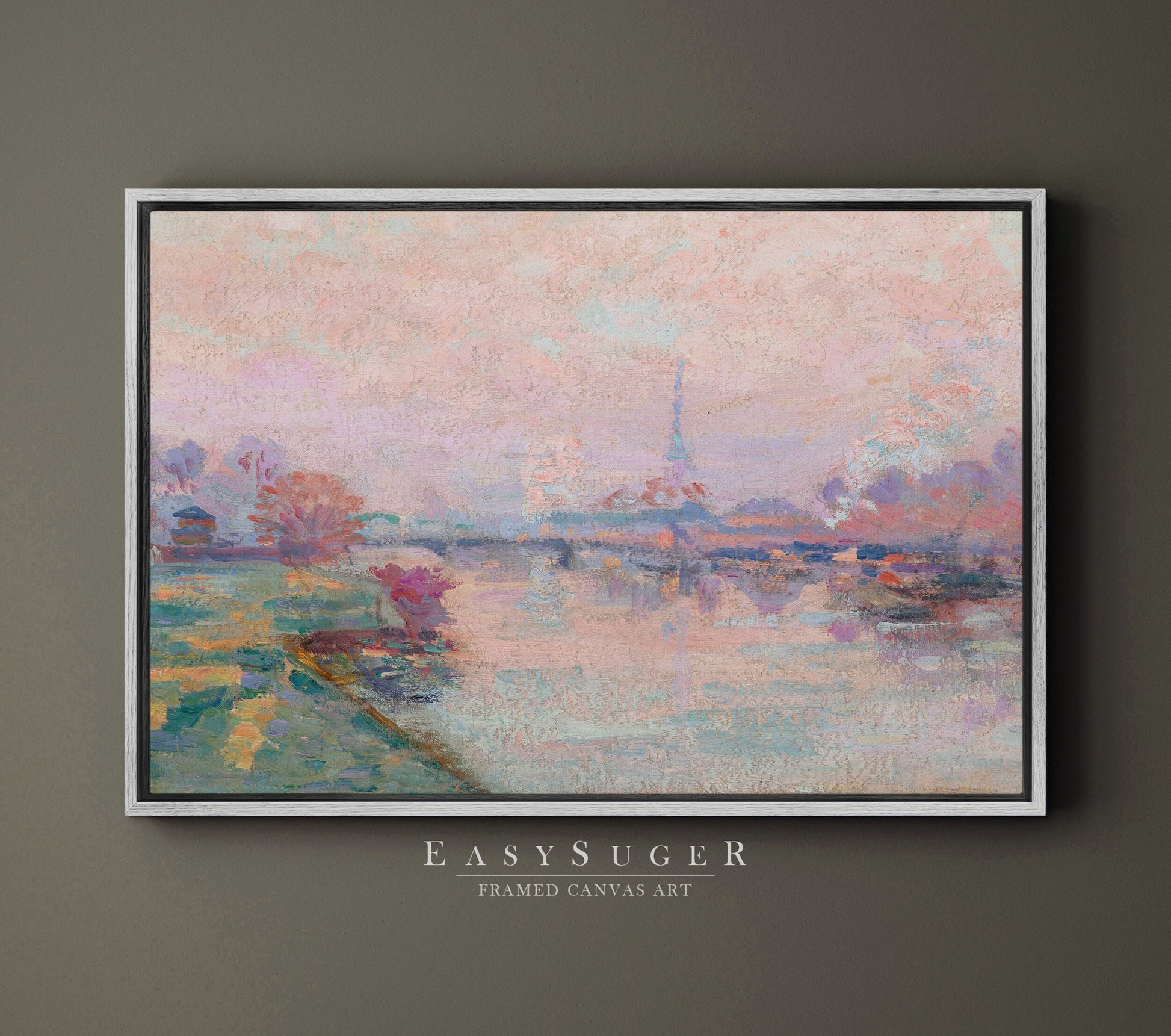 French Paris Antique Cityscape Painting | Botanica l Vintage French Inspired Wall Art in Pastel Pink | Framed Canvas Wall art Print | PR1