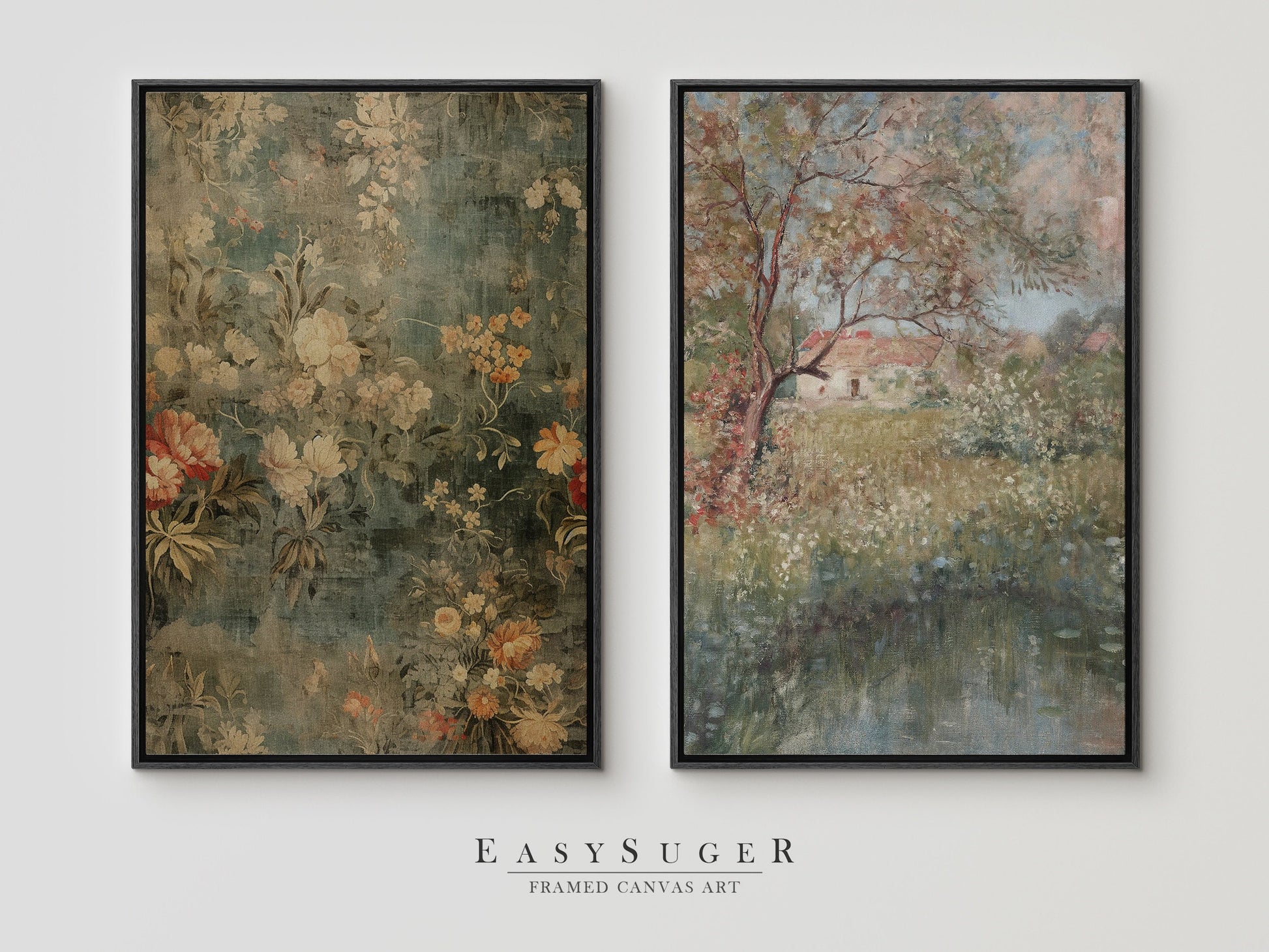 EasySuger 2 Panels Antique European Tapestry | Vintage Nature Framed Large Gallery Art, Antique Art Ready to Hang