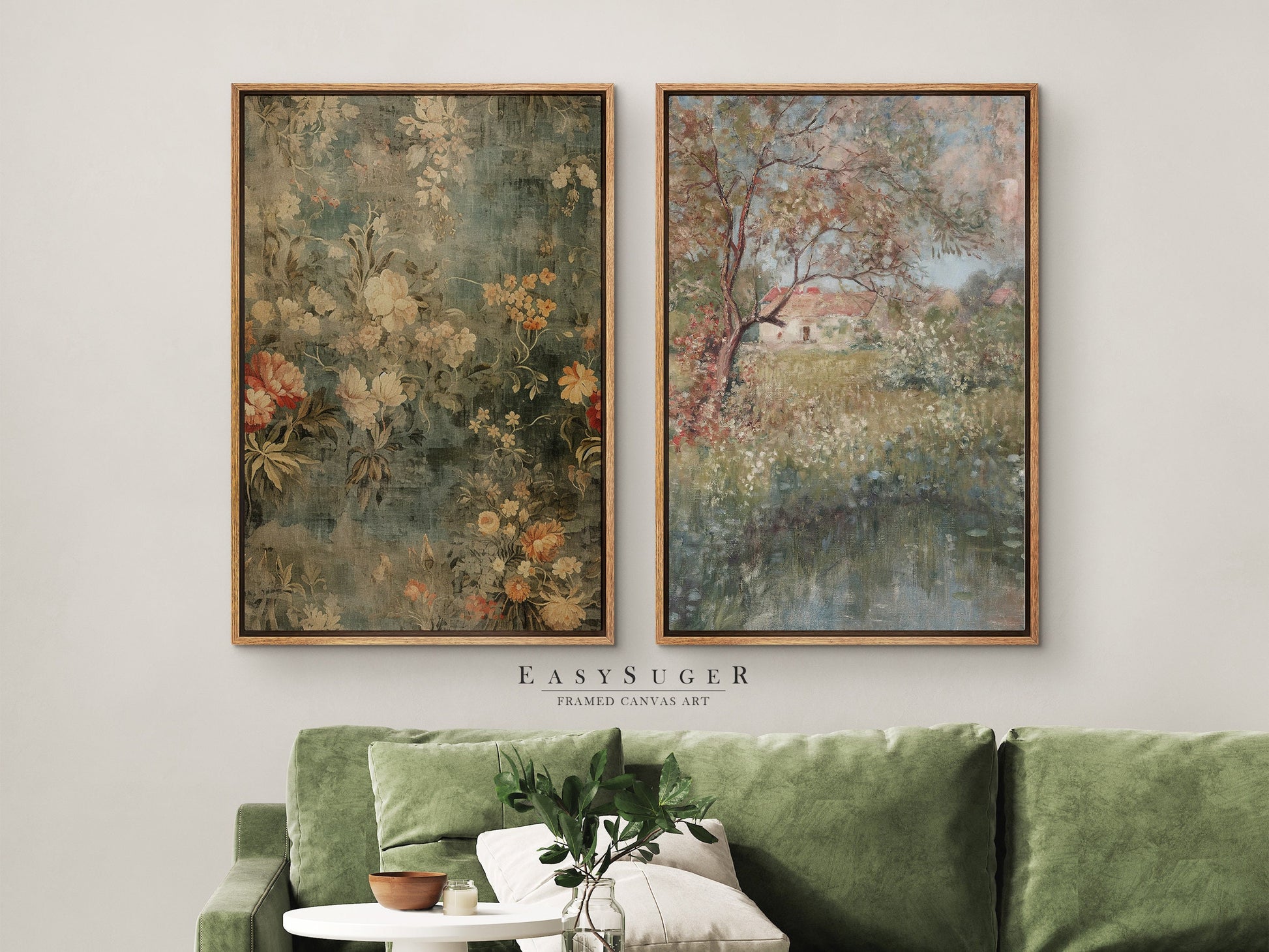 EasySuger 2 Panels Antique European Tapestry | Vintage Nature Framed Large Gallery Art, Antique Art Ready to Hang