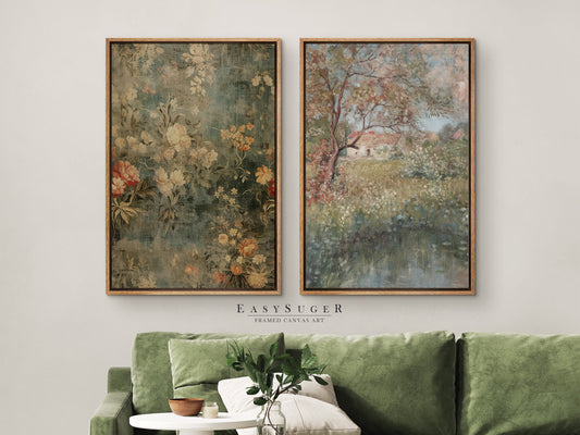 EasySuger 2 Panels Antique European Tapestry | Vintage Nature Framed Large Gallery Art, Antique Art Ready to Hang