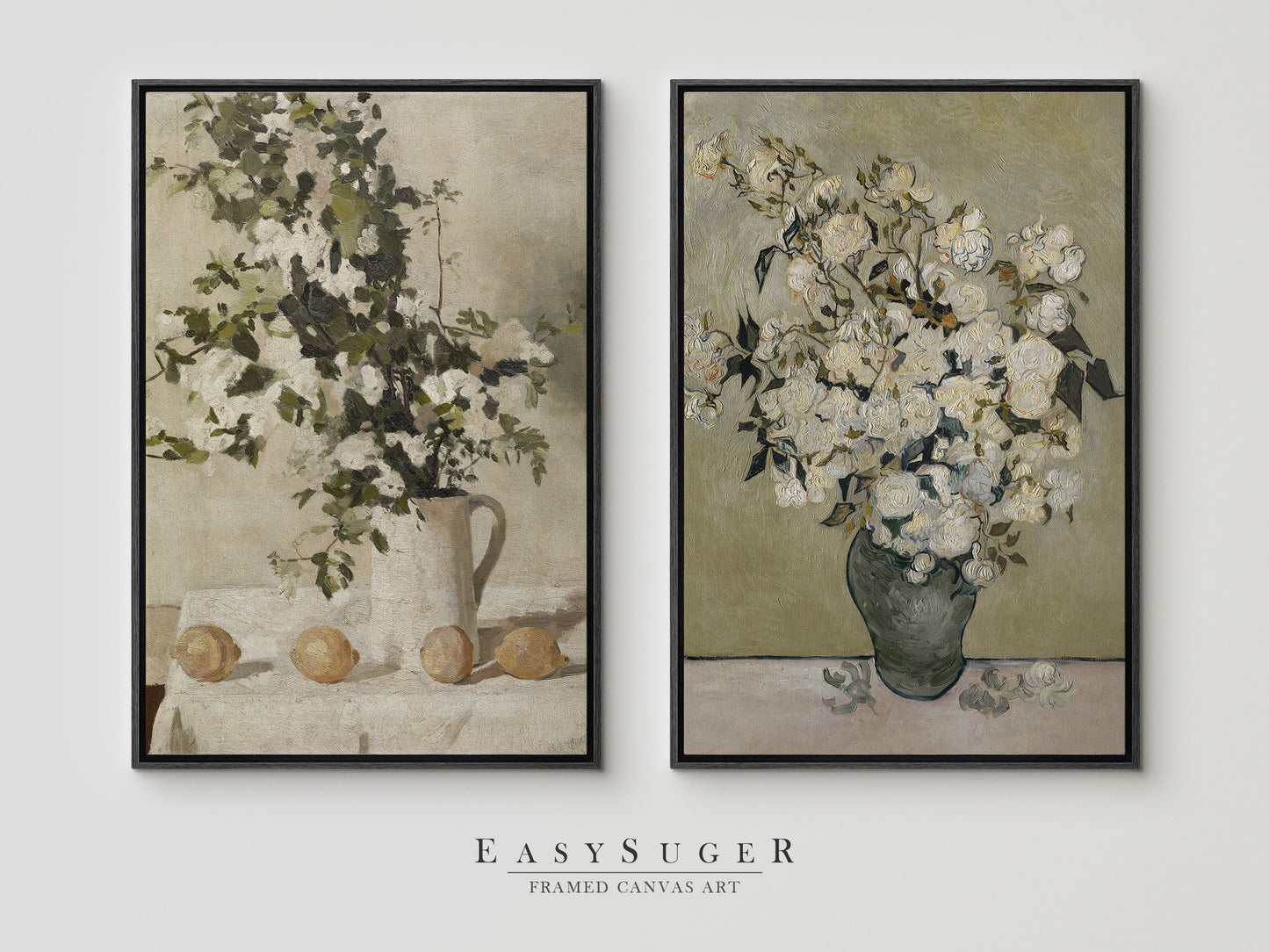 EasySuger 2 Panels Flower Vase Wall Art, Vintage Nature Framed Still Life Antique Art Ready to Hang