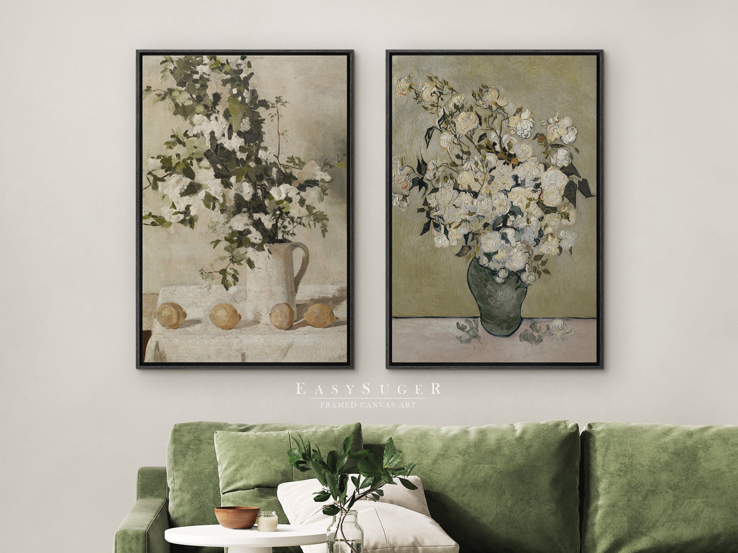 EasySuger 2 Panels Flower Vase Wall Art, Vintage Nature Framed Still Life Antique Art Ready to Hang