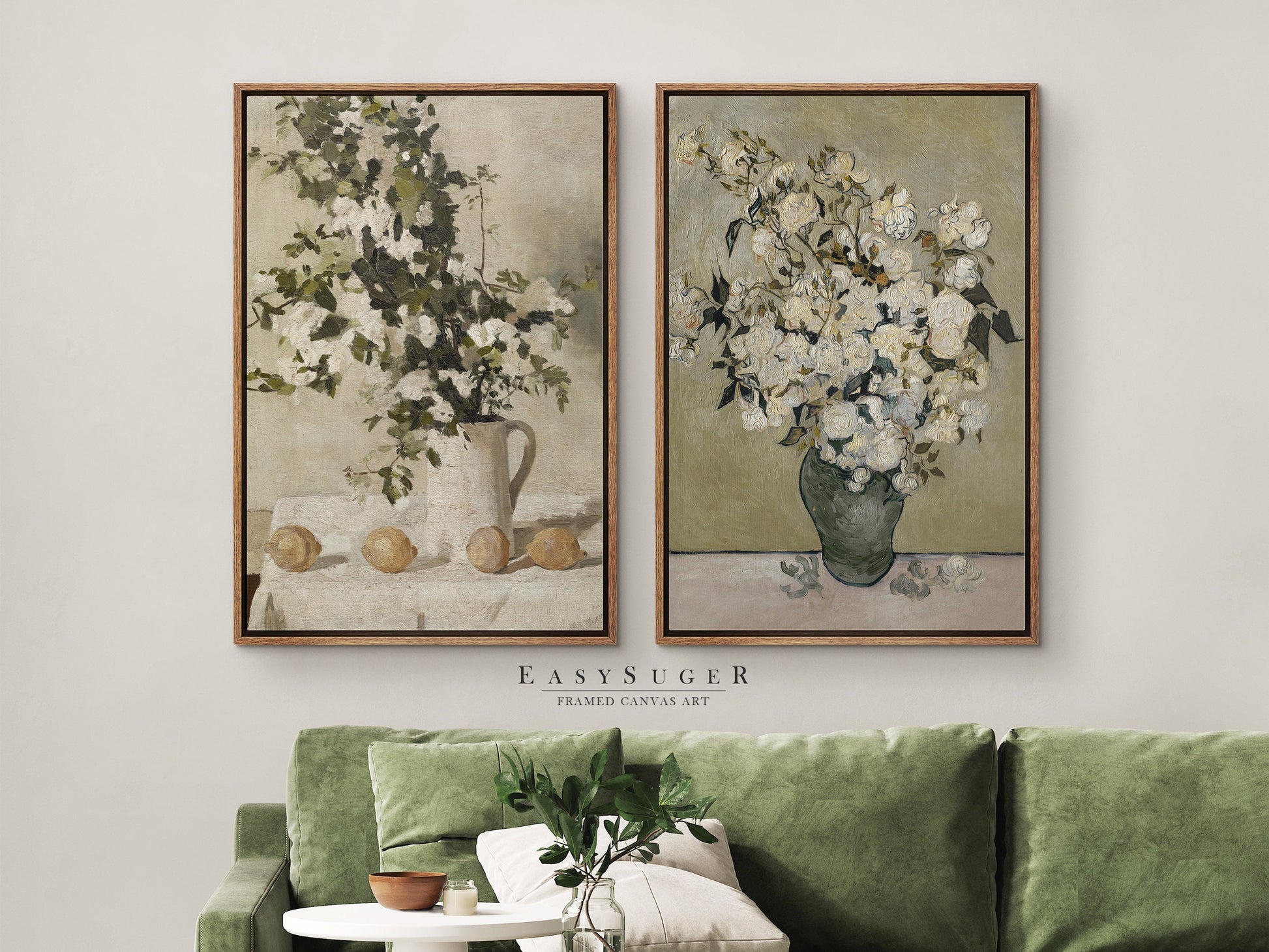 EasySuger 2 Panels Flower Vase Wall Art, Vintage Nature Framed Still Life Antique Art Ready to Hang