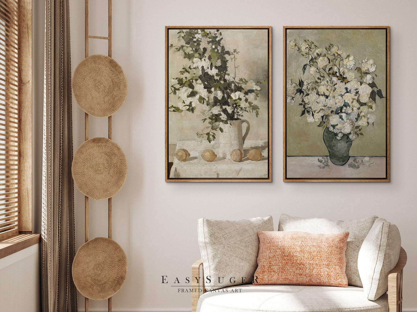 EasySuger 2 Panels Flower Vase Wall Art, Vintage Nature Framed Still Life Antique Art Ready to Hang